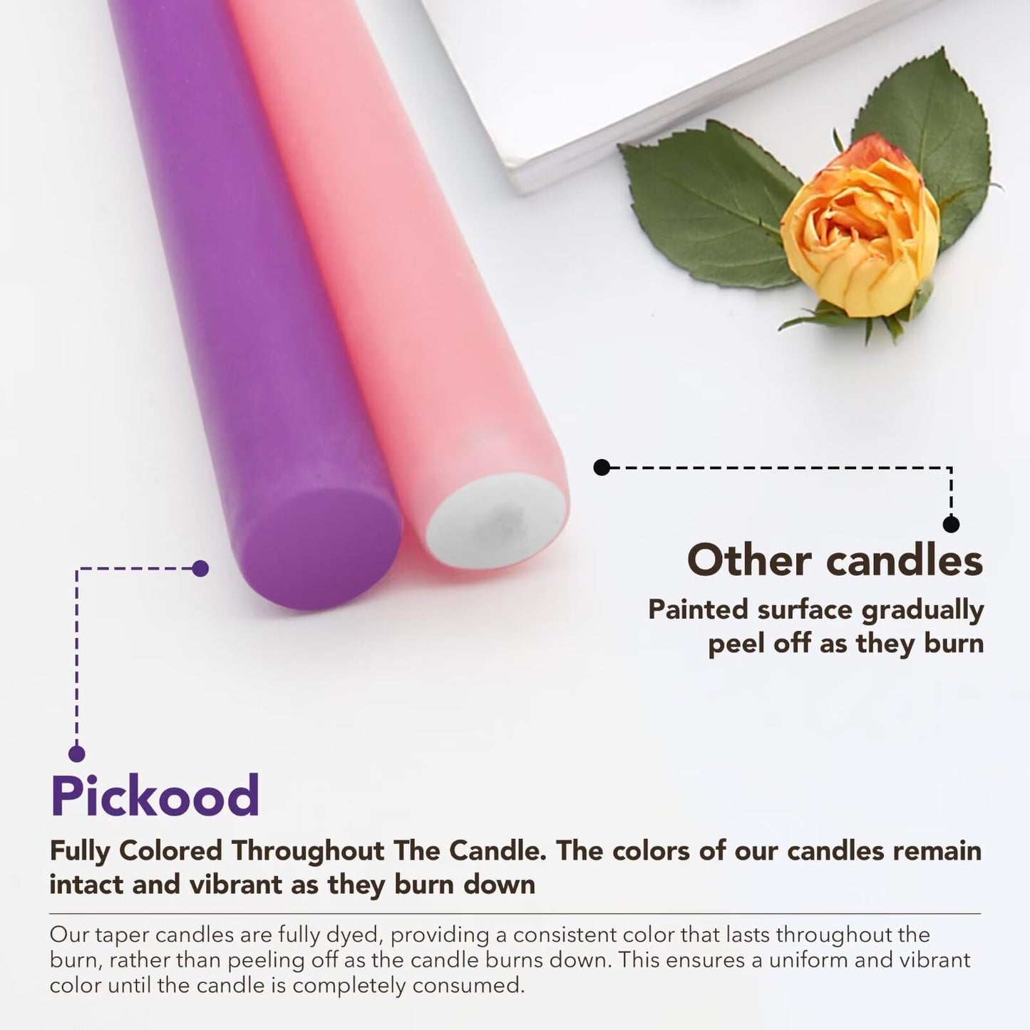 Pickood 10-Inch Tall Dripless Advent Candles Set of 12, Tapered Candles, Perfect for Christmas - Smokeless, Unscented, Long Burning - Hand Poured, Colored Tall Candlesticks - Pink and Purple