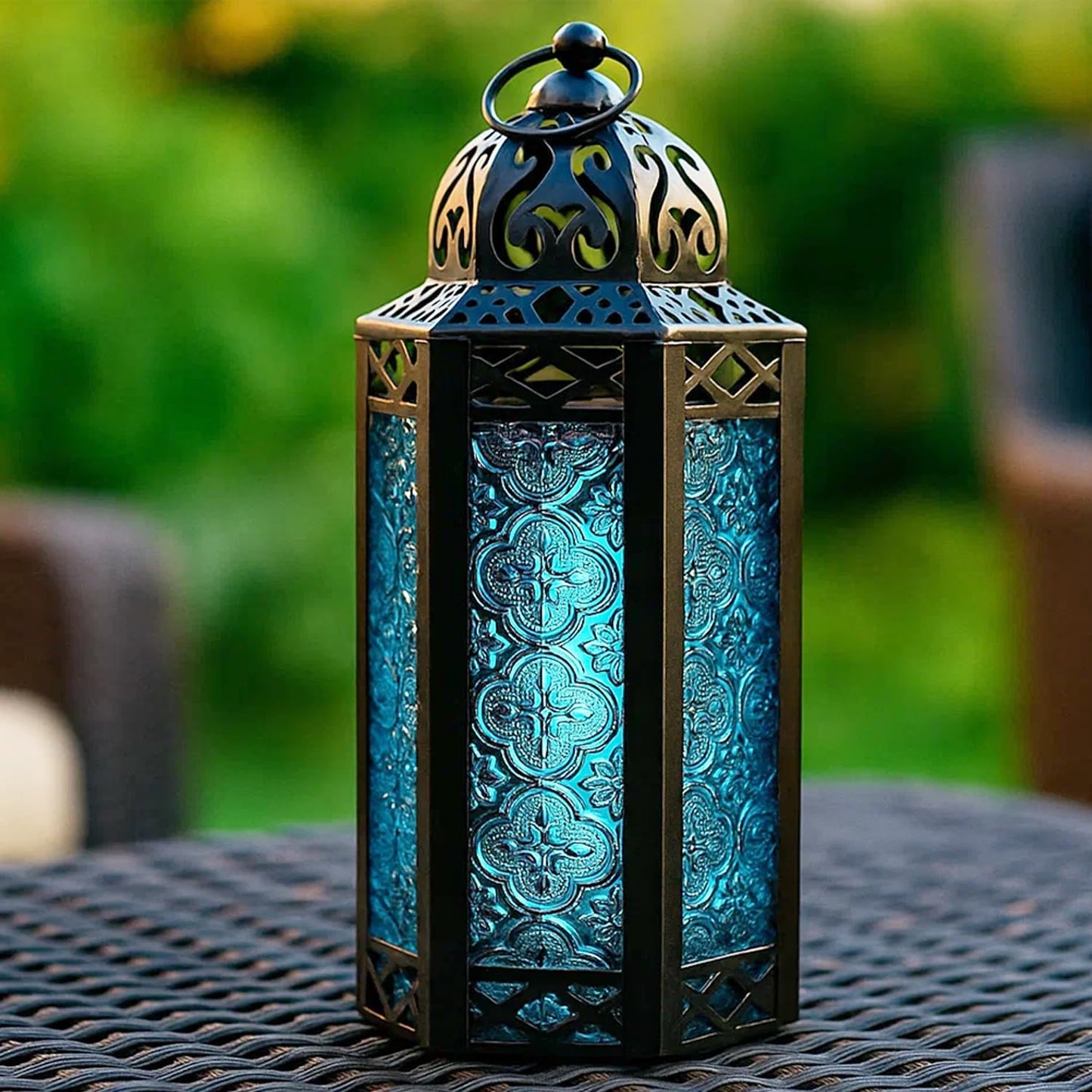 Vela Lanterns Decorative Indoor Moroccan Candle Holder & LED Fairy Lights -Twinkle Turkish Lamp, Fantasy Home Decor Table Centerpieces, Hanging Outdoor Patio Porch Wedding Ramadan (10.5", Blue)