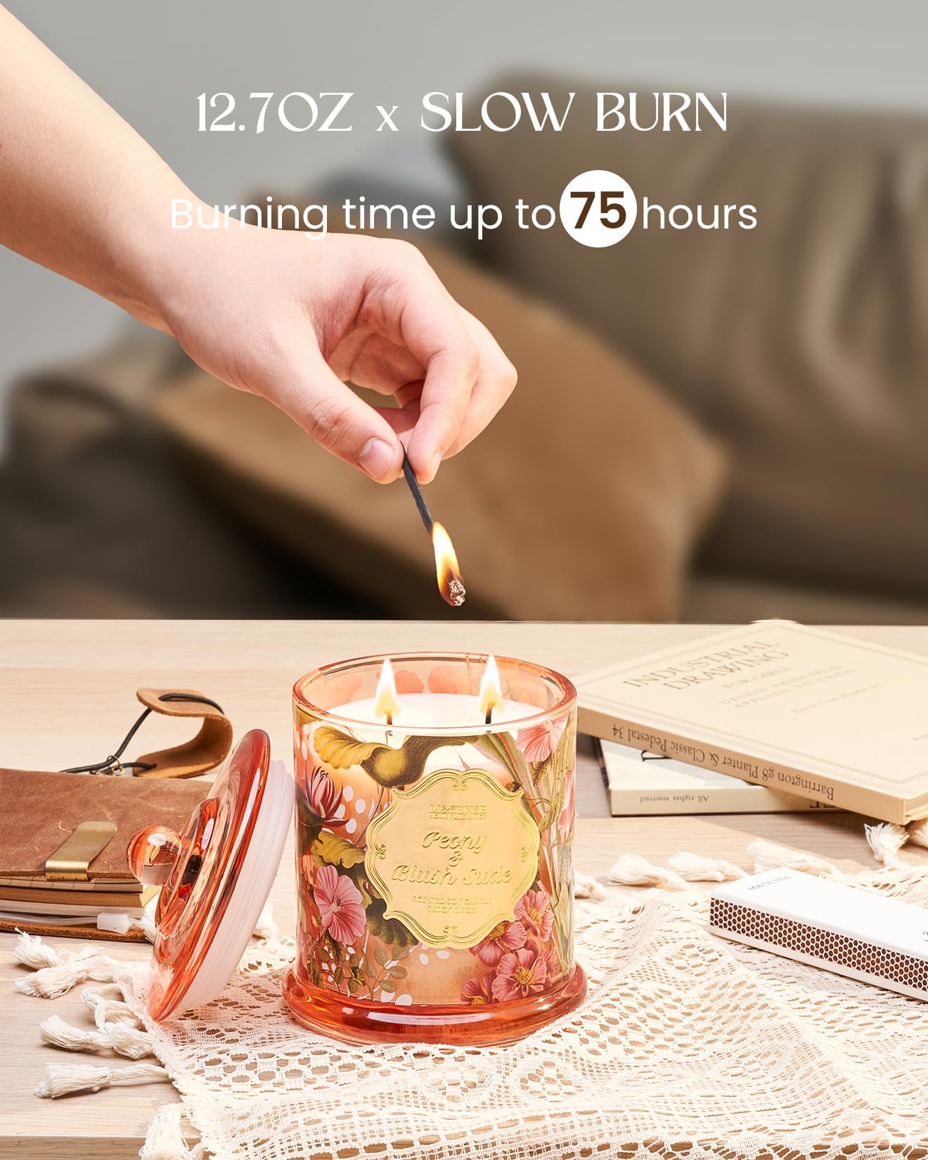 M&SENSE Peony Blush Sude Scented Candles, Summer Floral Scented Natural Soy Wax Candles, 12.7oz Large Candle Non Toxic 75 Hours Burning, Gifts for Women