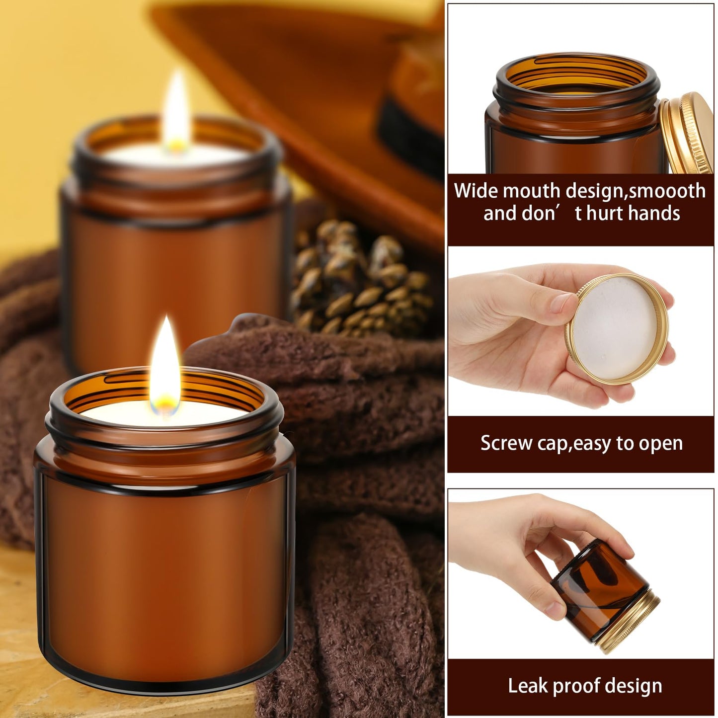 Zhehao 24 Pcs Glass Candle Jars with Lids Bulk, Round Empty Candle Container Tins, Dishwasher Safe and Leakproof DIY Crafts(Amber,Gold,4 oz)