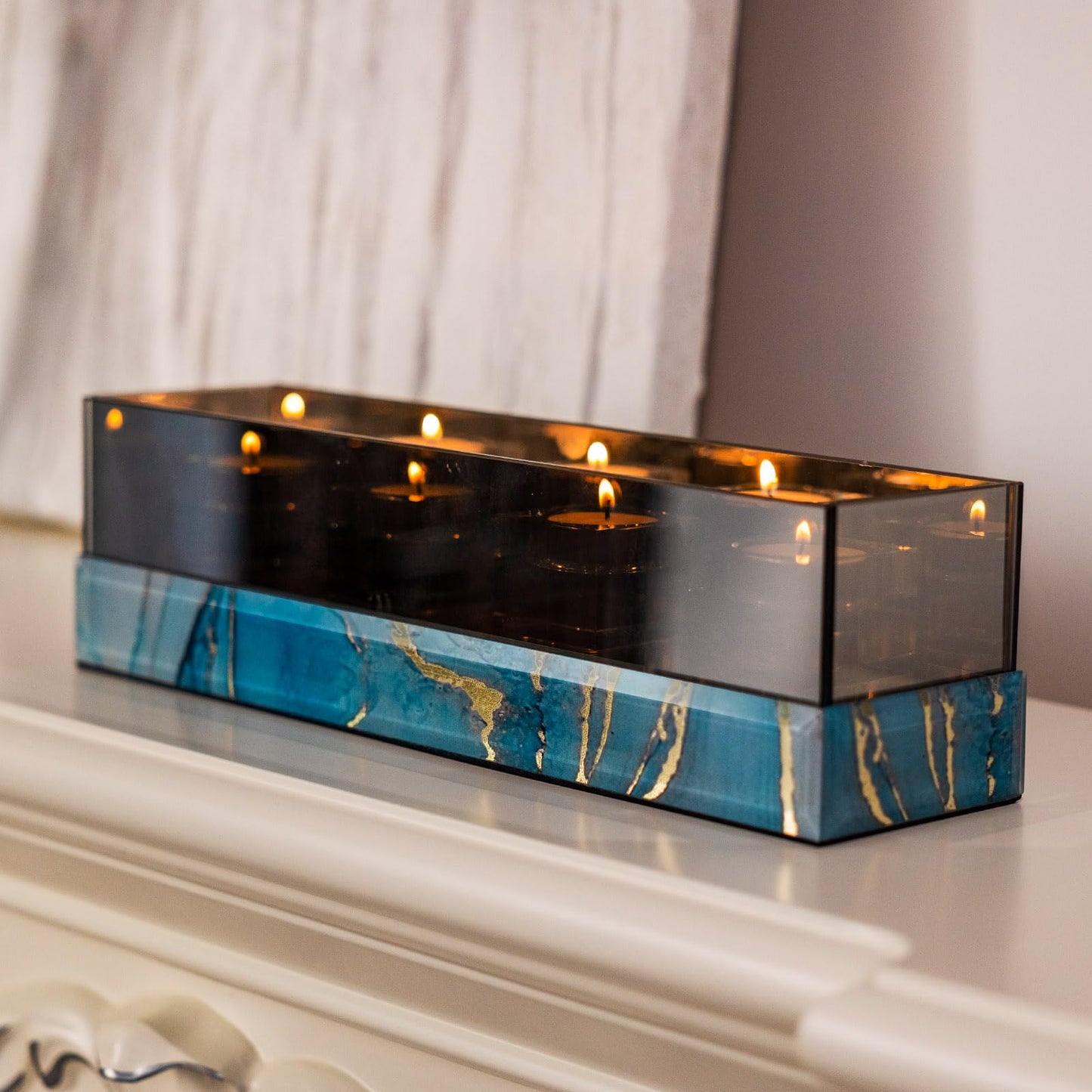 Timetrace Glass Candle Holder Rectangular 4 Candle Seat with Marble Pattern-Tealight and Votive Candles Holders Centerpiece Table Decorations for Home Décor, Dining Room, Kitchen, Patio (Blue)