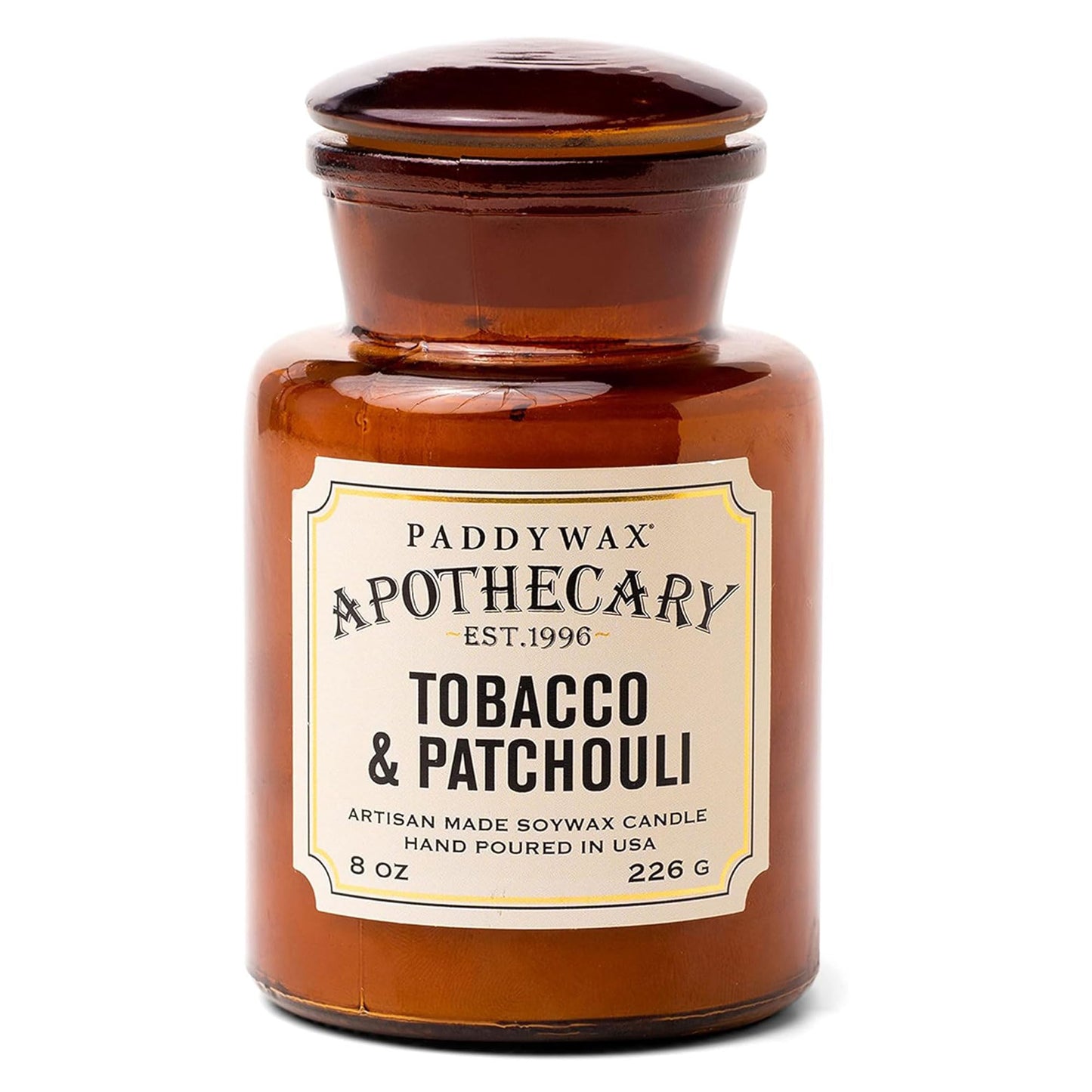 Paddywax Artisan Apothecary Scented Candle with Lid in Reusable Glass Jar, Clean-Burn Soy Candle with Approx. 54 Hour Burn Time, Tobacco & Patchouli, 8 oz.