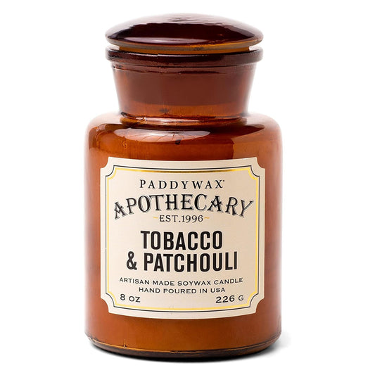 Paddywax Artisan Apothecary Scented Candle with Lid in Reusable Glass Jar, Clean-Burn Soy Candle with Approx. 54 Hour Burn Time, Tobacco & Patchouli, 8 oz.