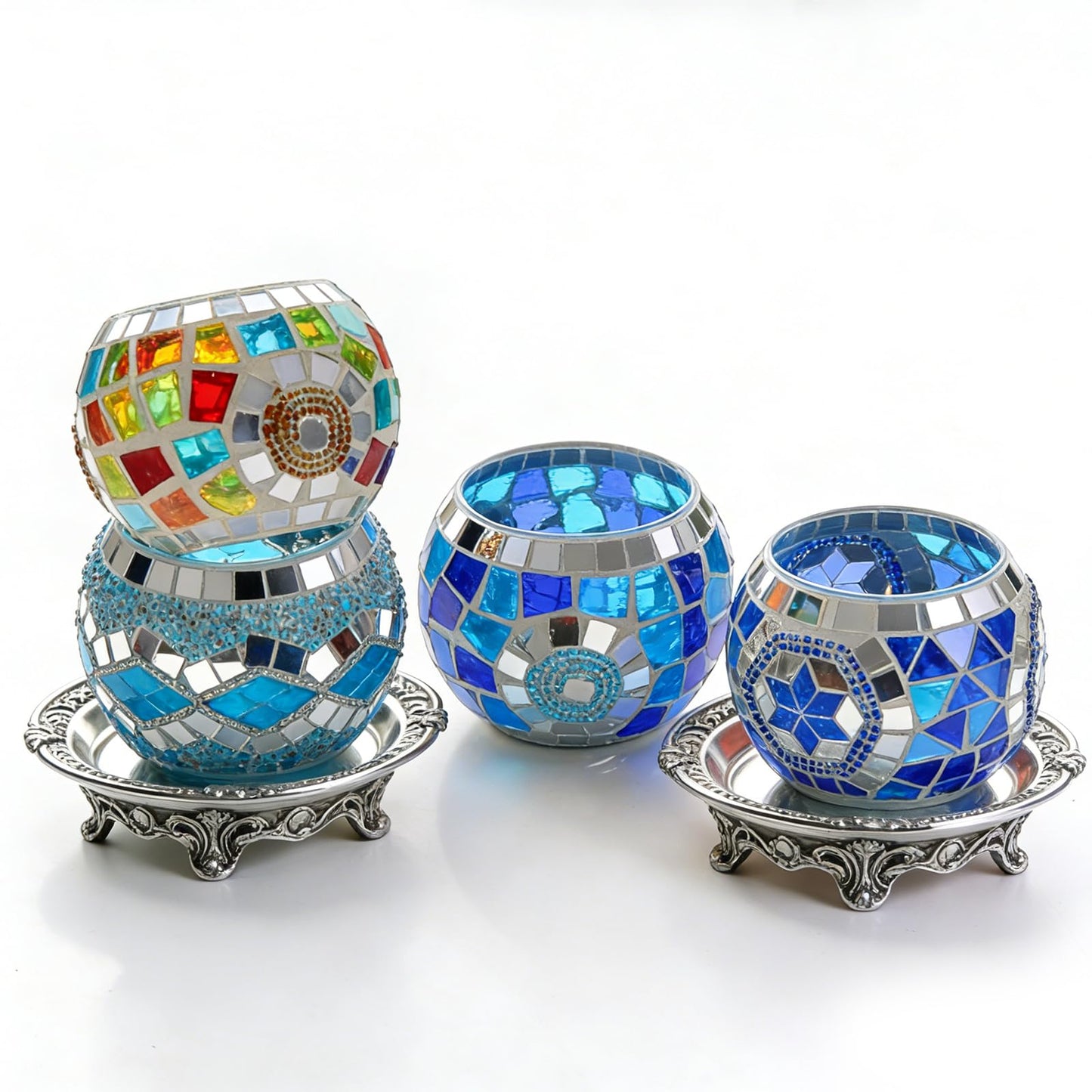 4PCS Mosaic Tealight Candle Holder Set - Blue Mediterranean Glass Votive Candle Holder for Summer Ocean Decor & Diwali Decorationr & Diwali Gift