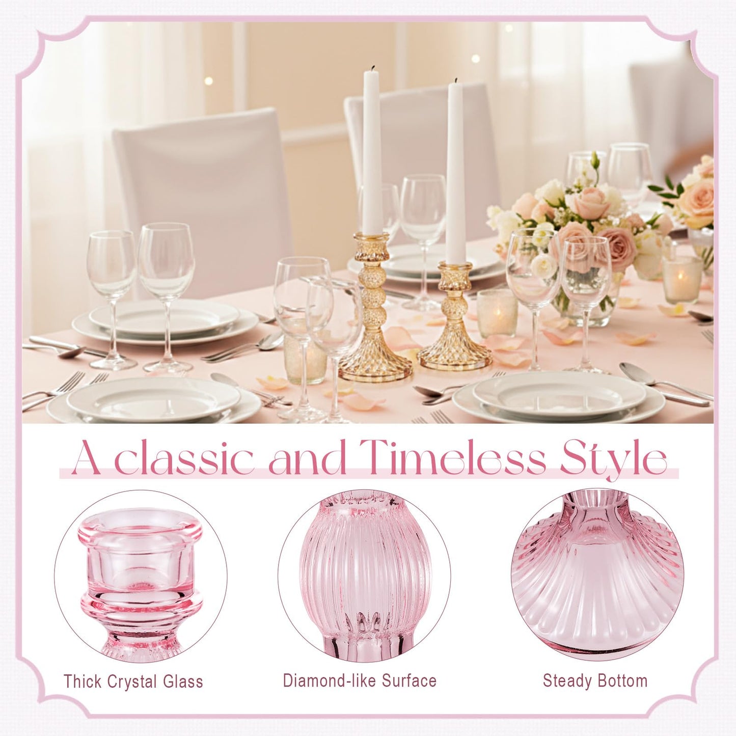 Mumufy 20 Pcs Glass Crystal Taper Candle Holders Clear Glass Candlestick Holder Fit 0.8 Inch Candles Crystal Decorative Candle Stand Centerpiece Table Wedding Dining Party(Pink)