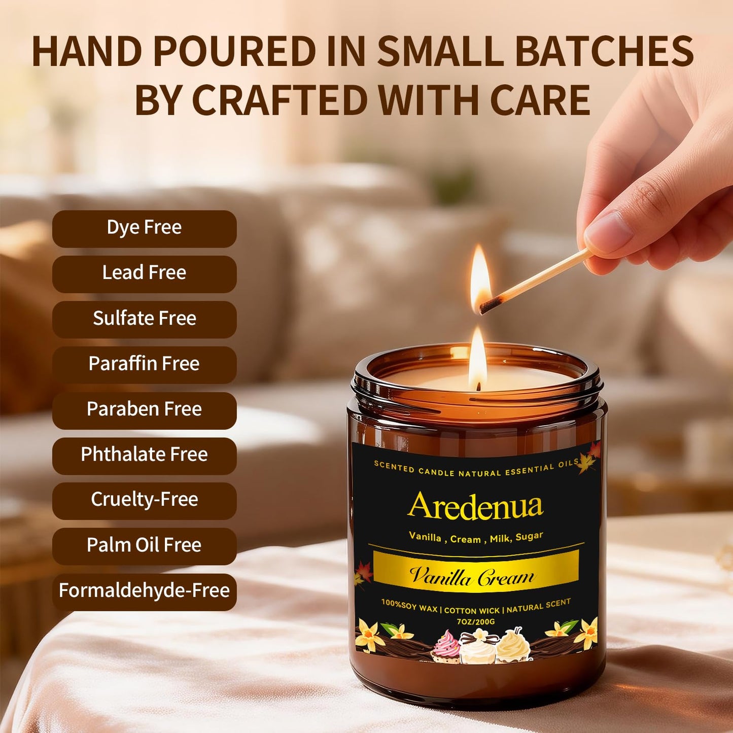 Vanilla Cream Odor Eliminating Candle, 7oz Long Lasting Soy Jar Candle, Natural Clean Burning Calming Aromatherapy Candle, Natural Odor Remover for Pet Smell, Smoke, Food, Bedroom Relaxation Gift