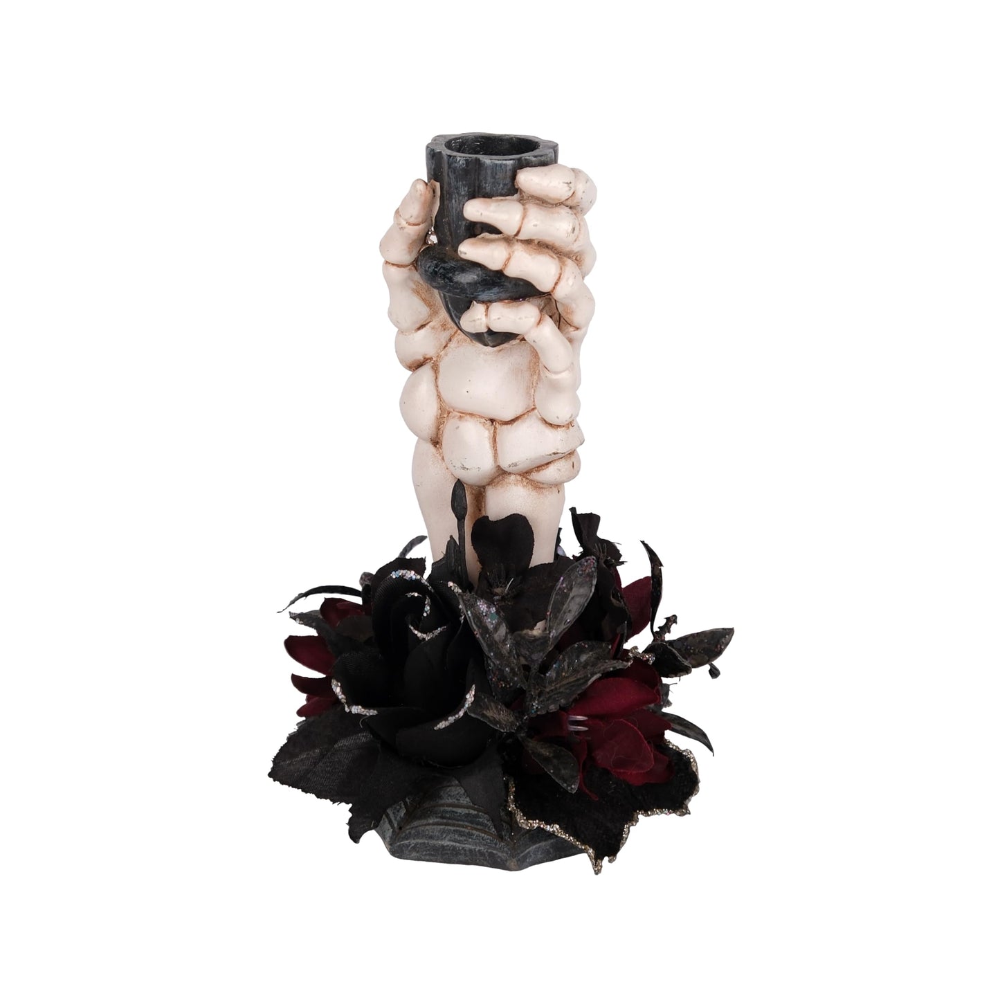 LushNook Halloween Candle Holder, Resin Skeleton Hand Candlestick with Black Faux Flower, Halloween Decor for Home Table, 7" Height