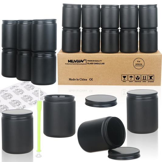 MILIVIXAY 20 Pack 8 OZ Thick Glass Matte Black Candle Jars with All Black Metal Lids-Bulk Empty Candle Jars for Making Candles-Canning Jar for Spice, Liquid, Sample- Dishwasher Safe.