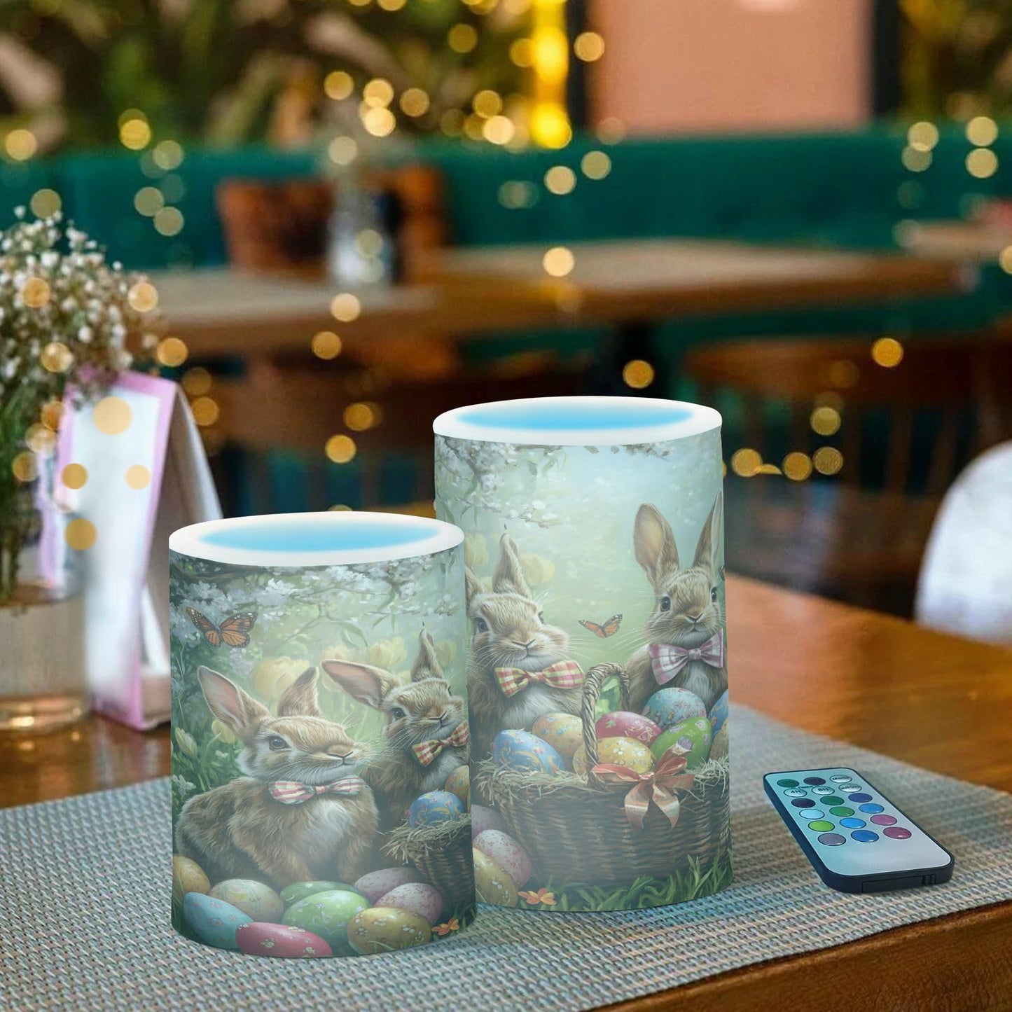 ALAZA Happy Easter Rabbit Egg Tulip Flowers Flickering Flameless Candles Battery Operated with Remote Timer,Tea Light Candles LED Pillar Votive Candles Set of 2 for Outdoor Indoor Decorations16