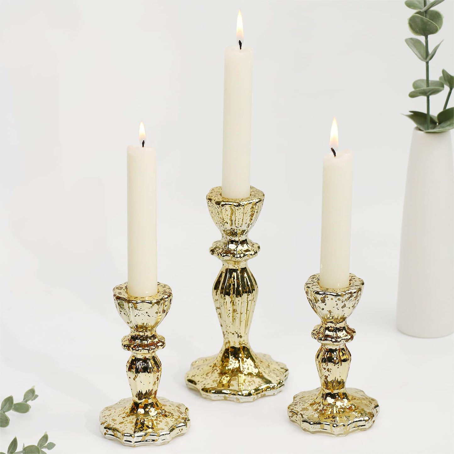 CHOCSTAY Candlestick Holders Set of 3, Gold Glass Mercury Candle Holders for Candlesticks, Table Centerpiece, Home Decor, Wedding, Birthday, Party, Christmas