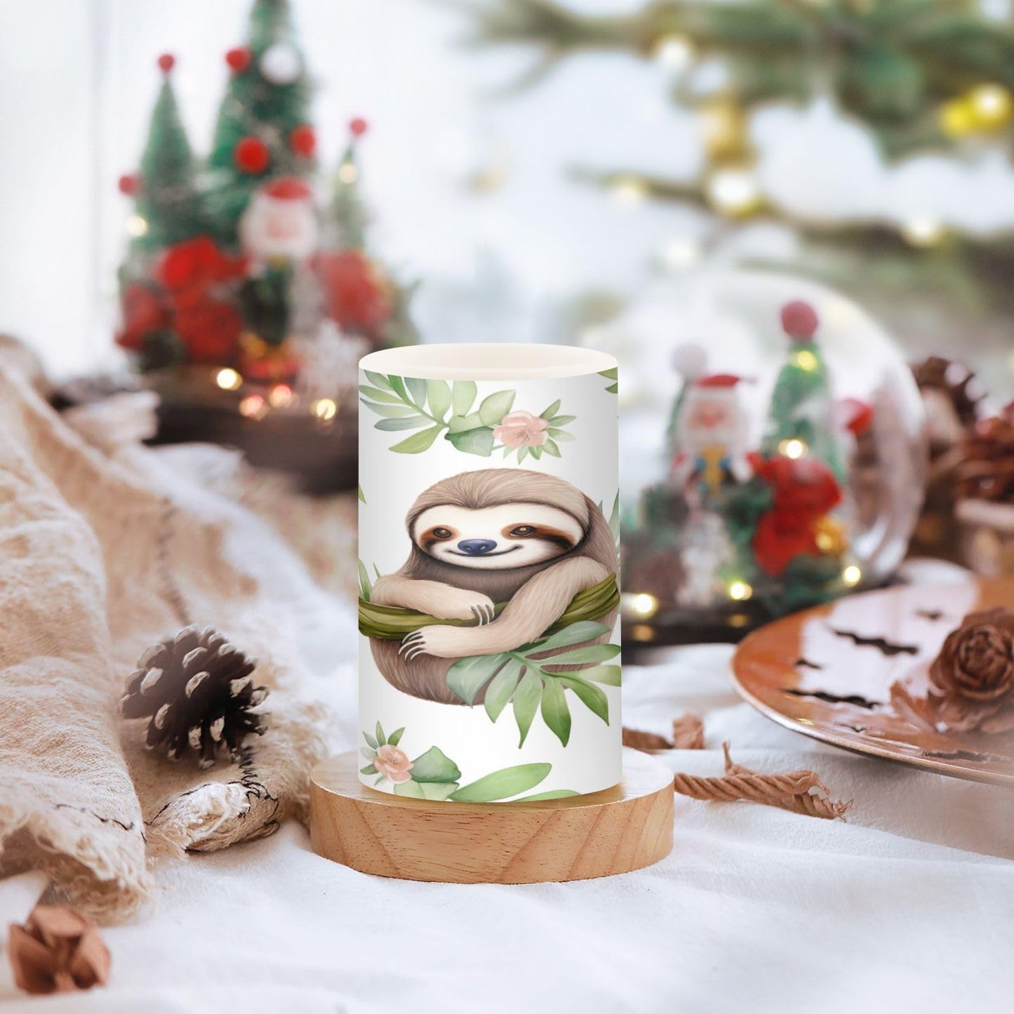 GUIJI Leaf and Sloth Flameless Candles, Flameless Candles with Remote Set of 2, Flameless Candles Battery Operated, Pillar Candles Home Decoration, Christmas, Party, E08D23009