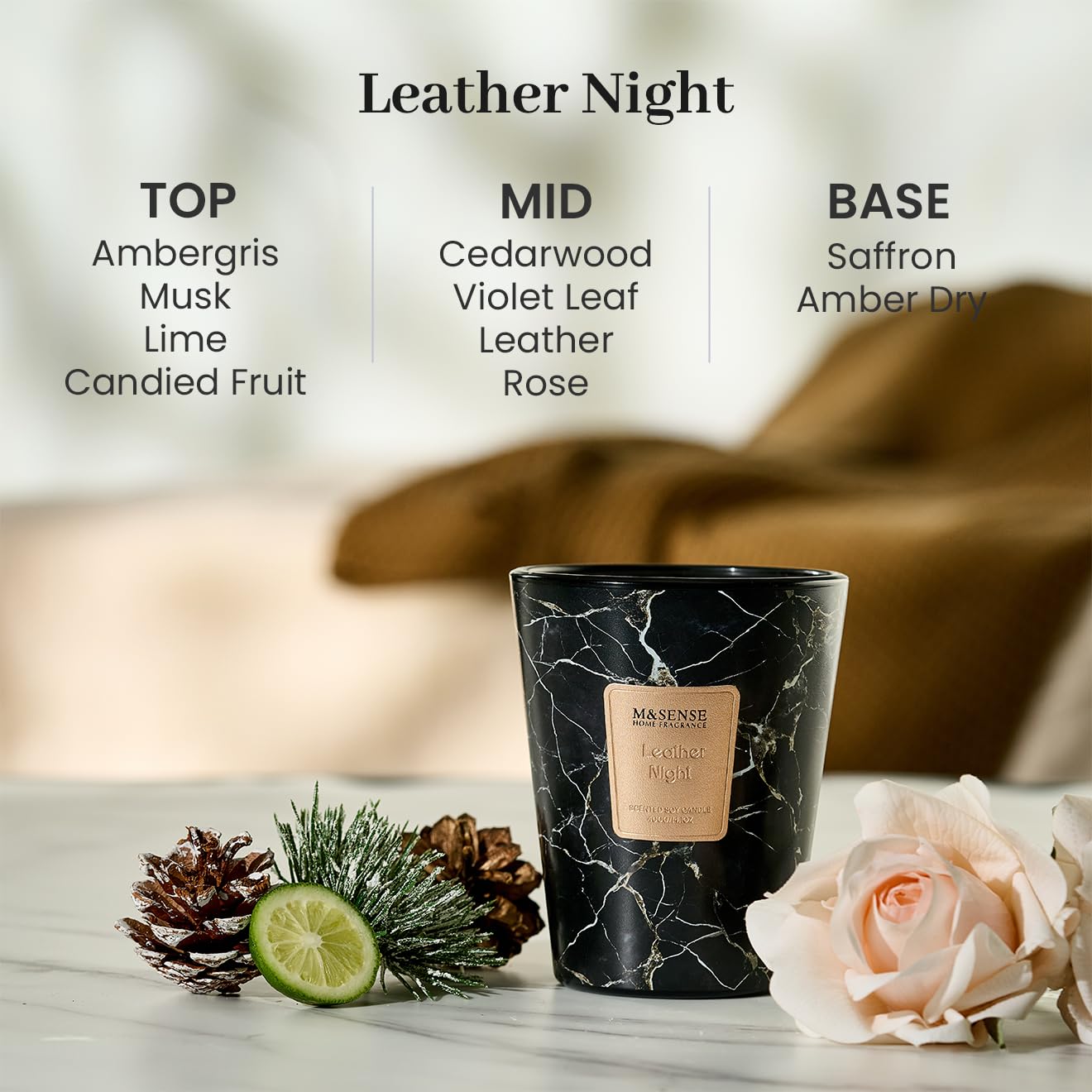 M&SENSE Leather Night Scented Soy Candle, 3 Wick Highly Scented 14.1 Oz 75H, Aromatherapy Christmas Gift for Women and Men
