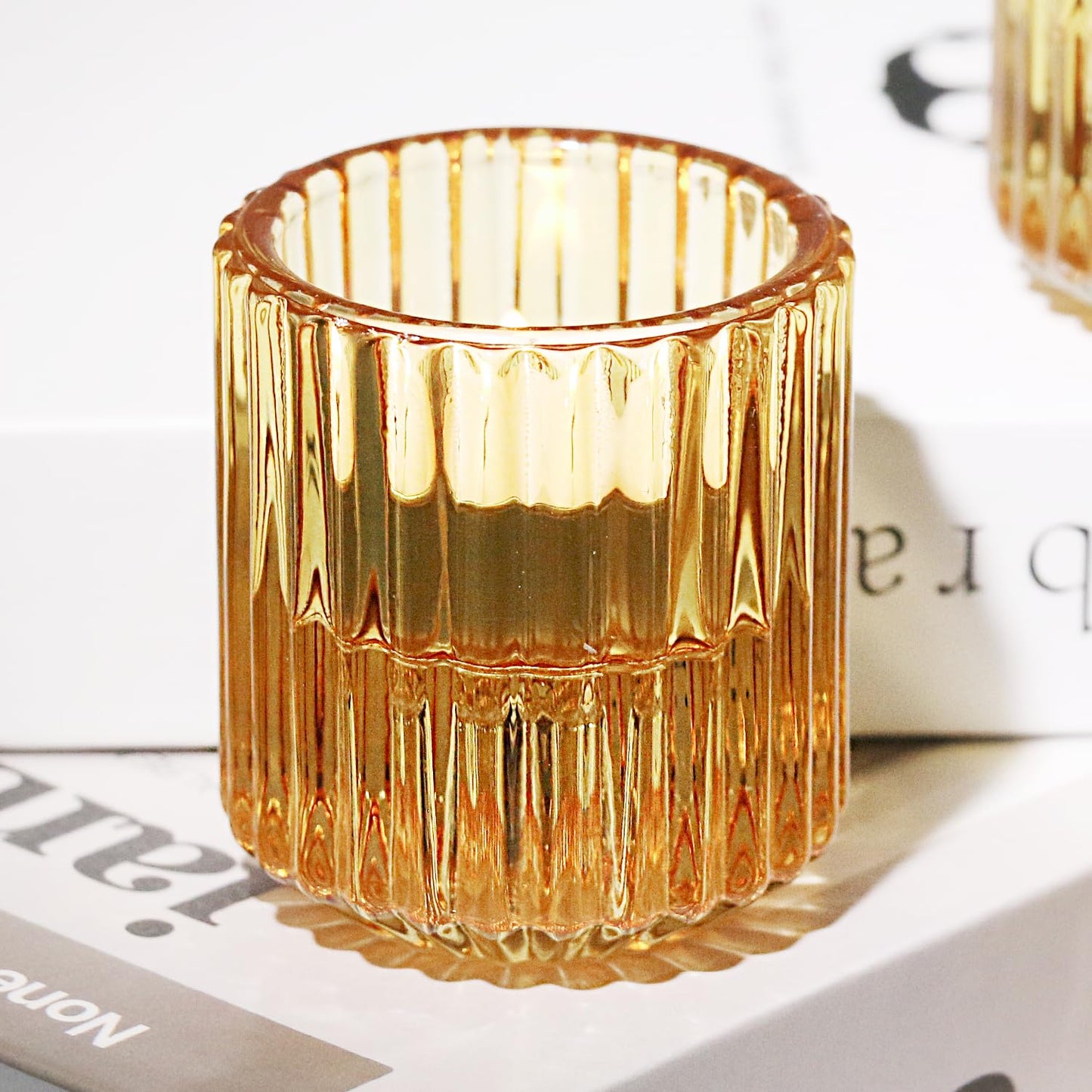 CHOCSTAY Reversible Amber Glass Candle Holder Set of 6, Thick Heat-Resistant Glass Candlestick Holders for Taper, Tealight, Votive, LED Candles, Perfect for Wedding, Party, Home Décor