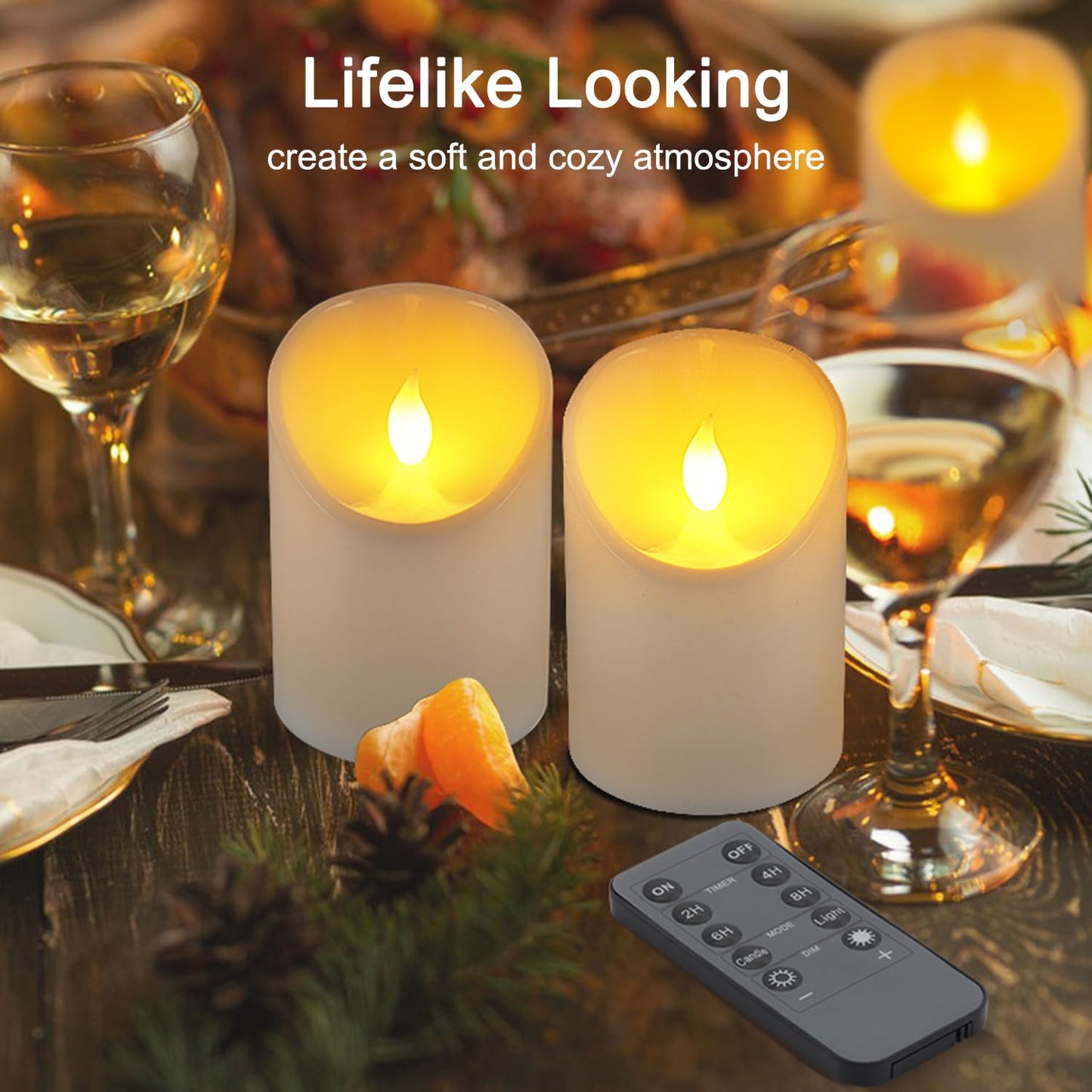 Tediselu 3"x4" Flickering Flameless Candles, Realistic LED Candles, Battery Operated Candles with Remote and Timers, Real Wax Electric Fake Pillar Candles for Festival Wedding Home Party Decor-2Pack