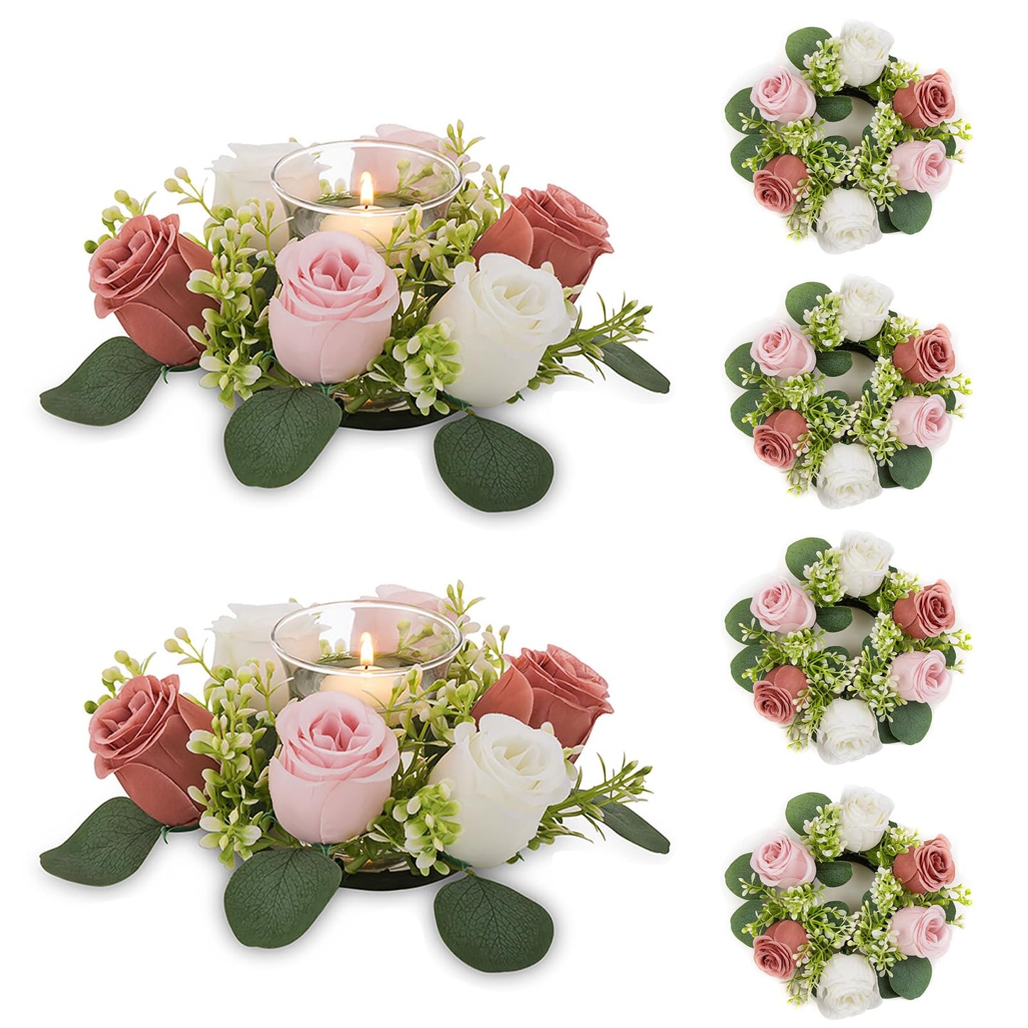 NUPTIO Small Flower Rings for Centerpieces: 9.05 Inch Dusty Rose & White Candle Rose Wreath for Wedding Party Christmas Decorations - Spring Summer Front Door Porch Decor 6 Pcs