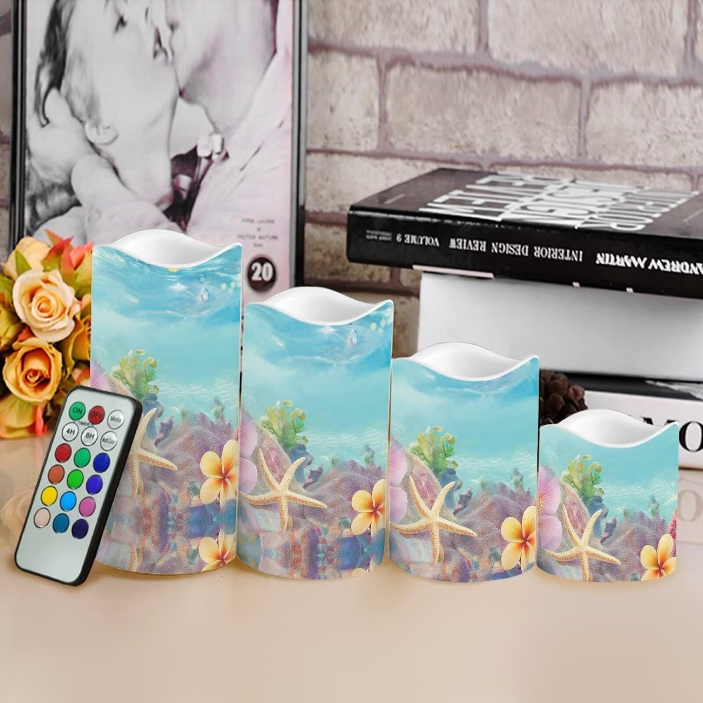 Cozeyat Coral Reef Flameless Candles Set of 4 Battery Powered with Remote Timer LED Candles Flickering Waterproof for Indoor Home Table Garden Beach