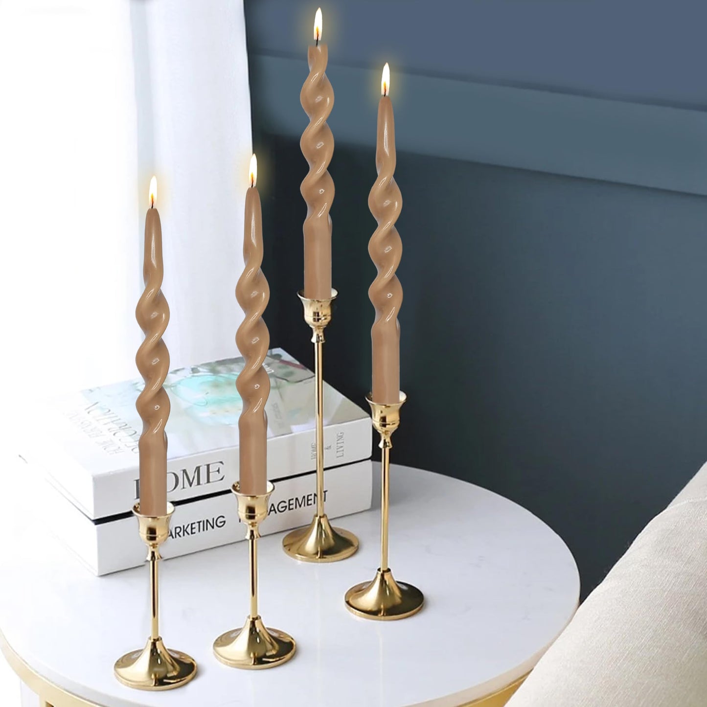 Spiral Taper Candles Twisted Candlesticks 4 PCS Brown Candle Stick Unscented Candles for Dinner Home Décor Weddings Party Festive Seasons Holiday