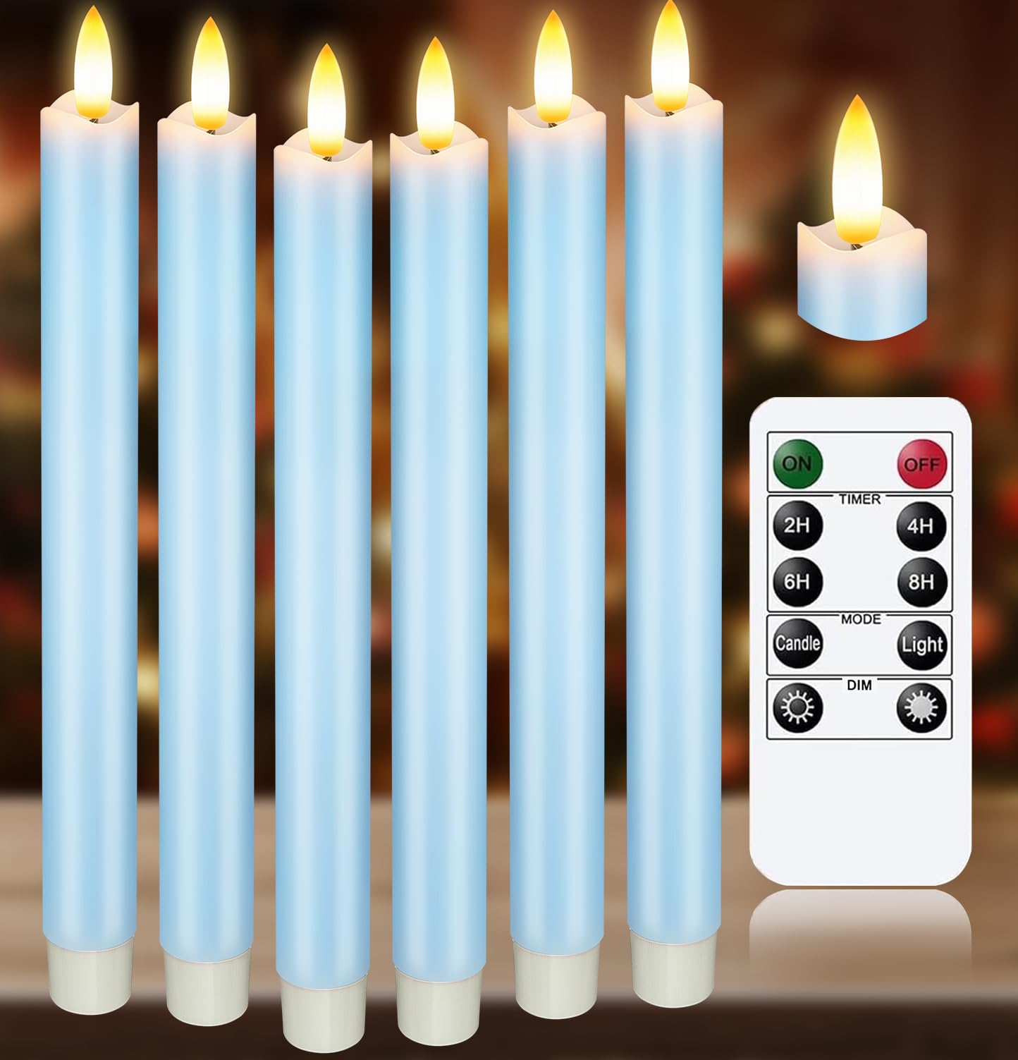 KSWING Upgraded Real Wax LED Flameless Light Blue Taper Candles with Remote, 6 PCS Candlesticks Battery Operated 3D Flickering - 9.6" Long Realistic Fake Candle Sticks for Home/Wedding/Xmas Decor
