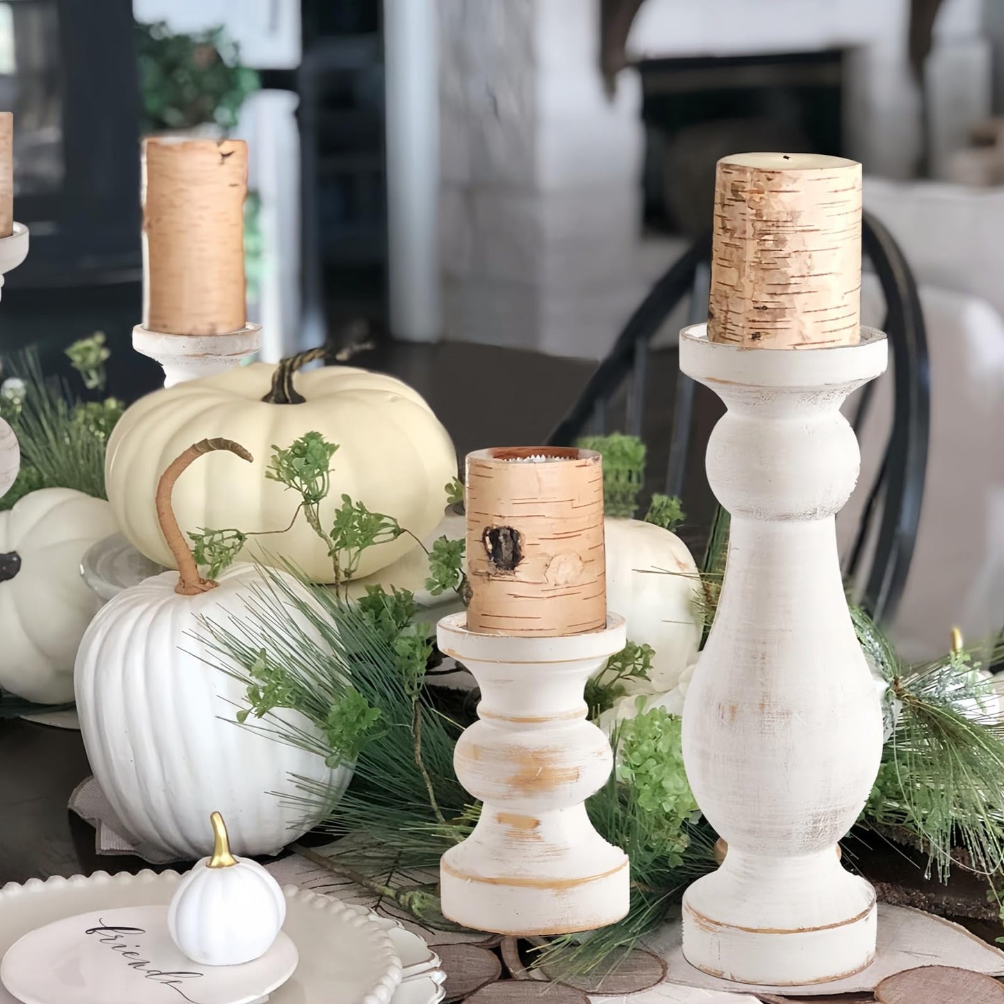 CedarLux Rustic Pillar Candle Holder, 6 Inch White Wooden Candlestick Holders, Farmhouse Candle Stands for Pillar Candle,Decorative Wood Candlestick Holders for Living Room, Table Centerpiece