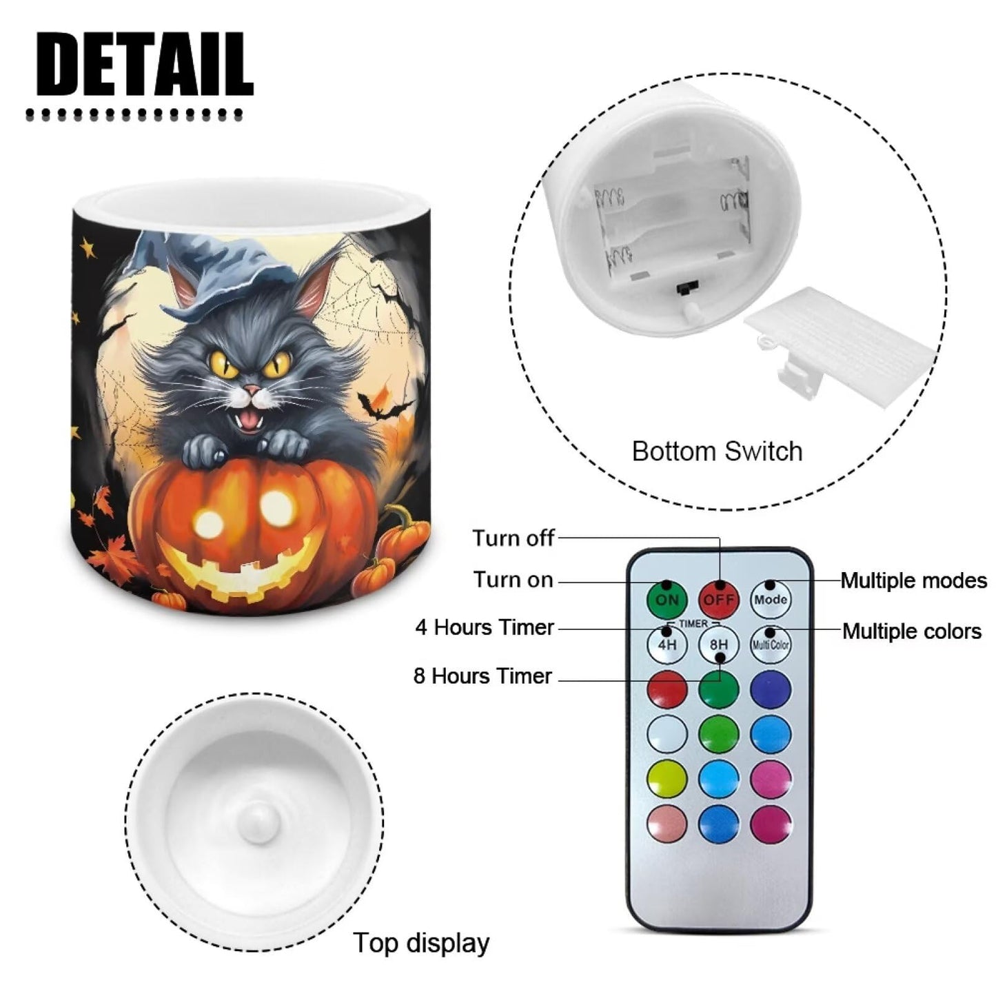 Merkmak Set of 4 Flameless Candles, Halloween Pumpkin Cat Battery Operated LED Candles with Timer Remote Control Tea Lights for Trick or Treat Party Home Decorations