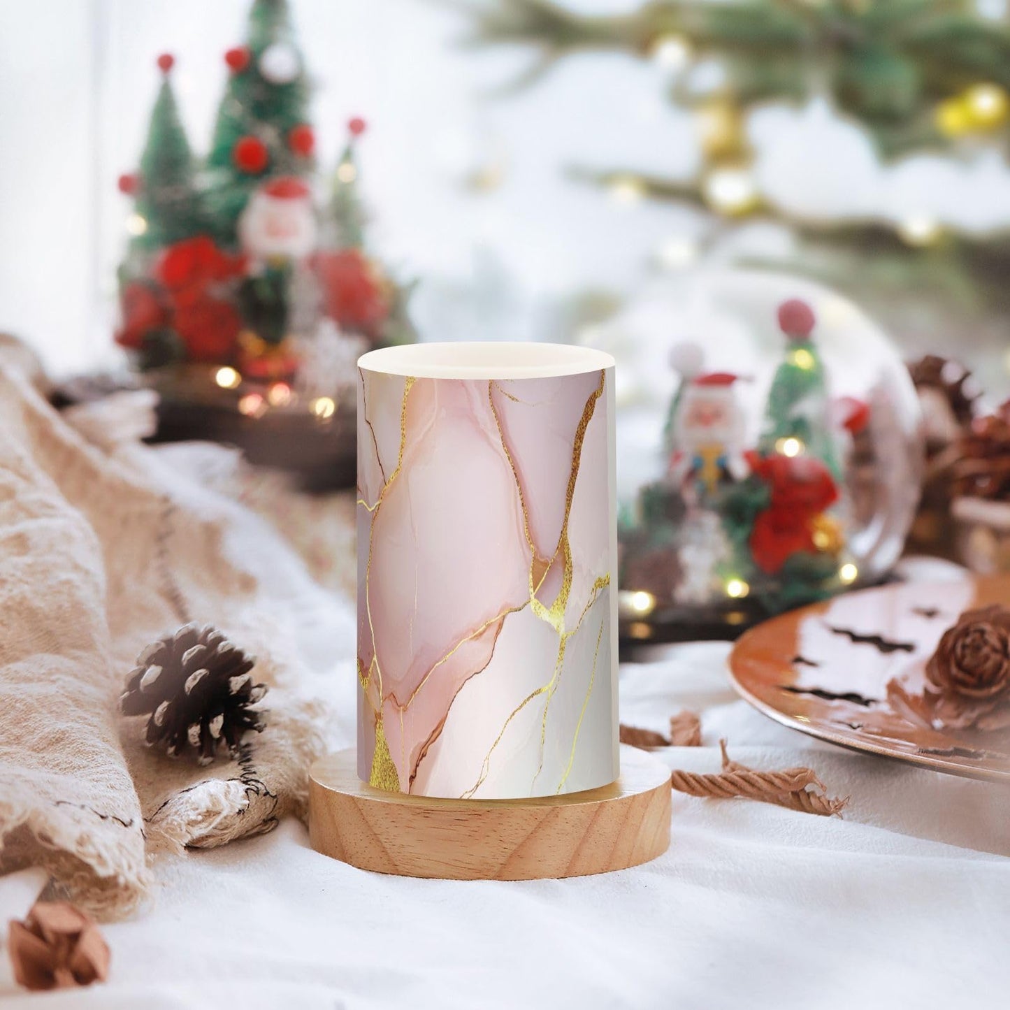 Flameless Pillar Candle Battery Powered Led Candles for Living Room Marble Blush White