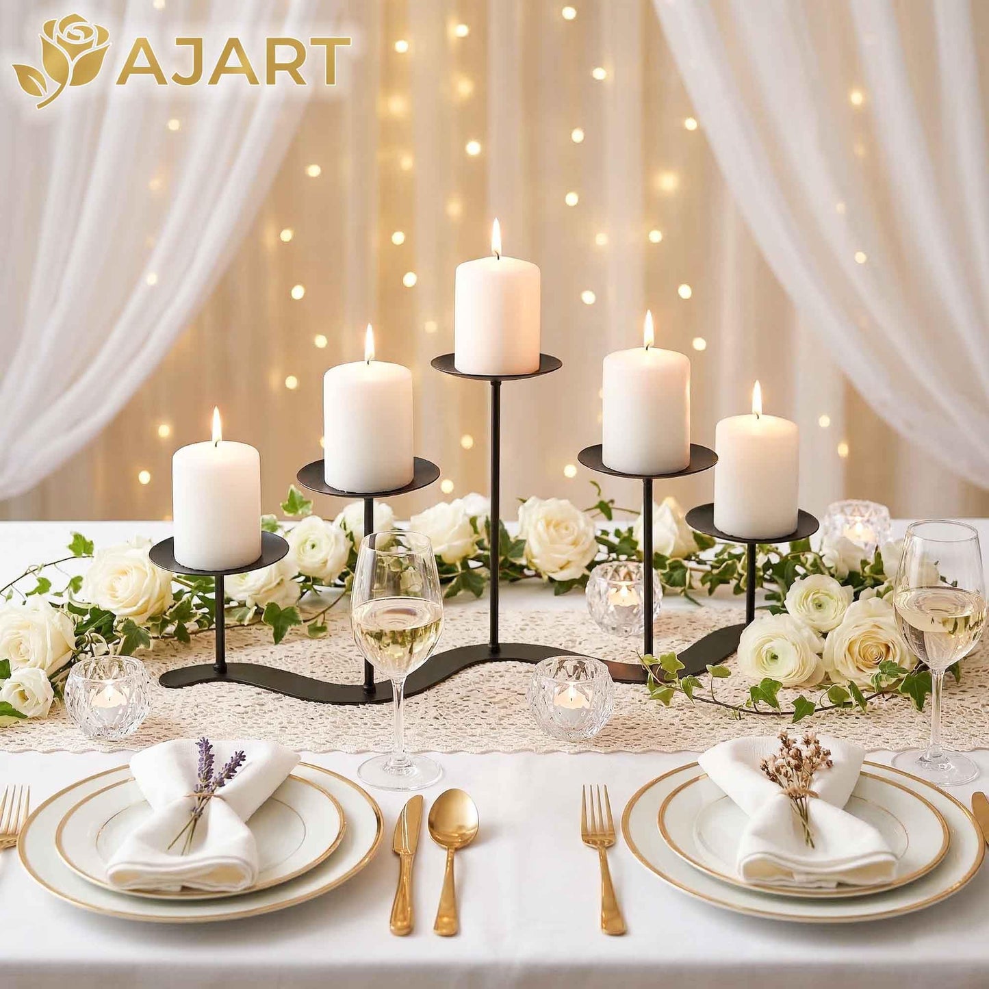 Fireplace Candle Holder for Home Decor: 17 inch Candle Stand for Indoor Dining Living Room - Black Metal Pillar Candelabra for Outdoor Wedding Party - Advent Halloween Christmas