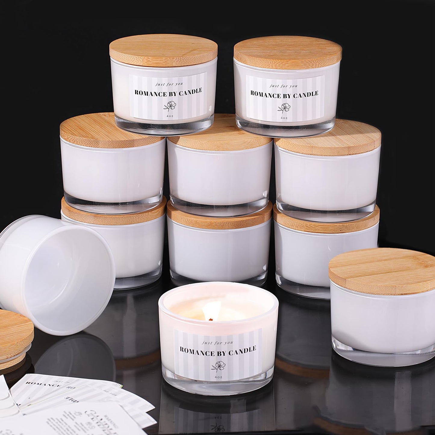 12 PCS White Candle Jars for Making Candles, 4 OZ Glass Jars with Bamboo Lids and Sticky Warning Labels, Candle Containers for DIY Gifts, Candle Making Supplies