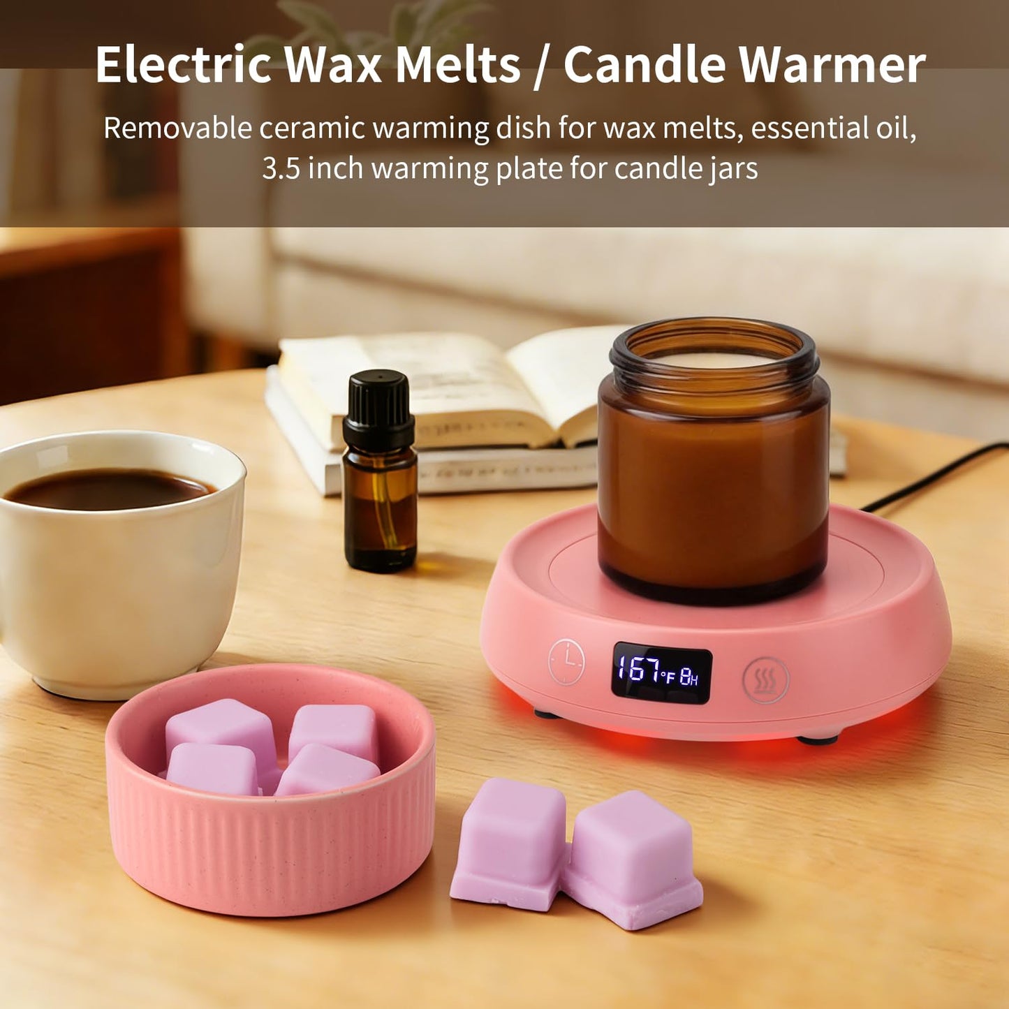 Lyty 4-in-1 Wax Melt Warmer, Candle Warmer with Delay Start Timer, Fragrance Scented Wax Melter Wax Cube Warmer with 3 Color Light for Home Bedroom Spa Office, 8H Auto Shut Off (Pink)