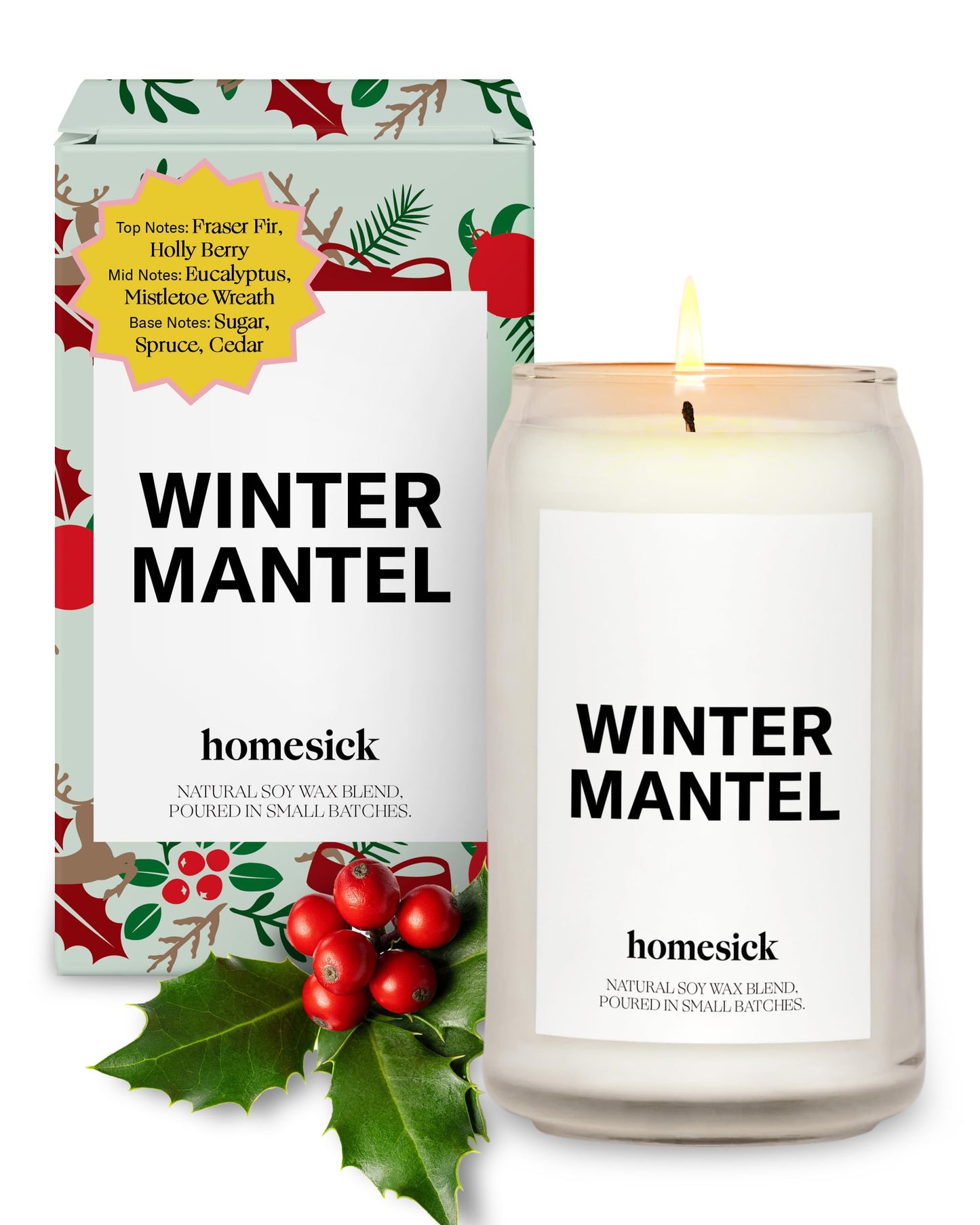 Homesick Scented Candles for Home (Winter Mantel) - 13.75 oz Long-Lasting Soy Wax Blend Jar Candle Gifts for Women & Men for All Occasions, 60-80 Hours Burn Time - Notes of Fraser Fir & Holly Berry