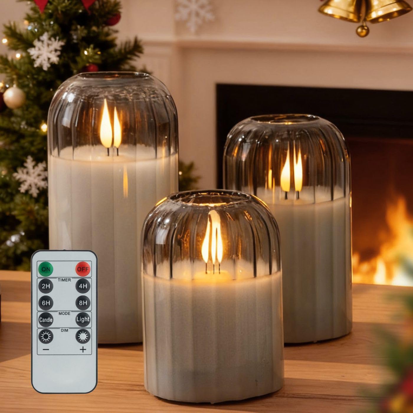 Ribbed Glass Battery Candles - FLameless Candles with Remote, Sage Green LED Candles with Timer, Warm Light, Lasting 350 Hrs and Brightness Adjustment, Φ 3" H 4" 5" 6", Set of 3 for Christmas Decor