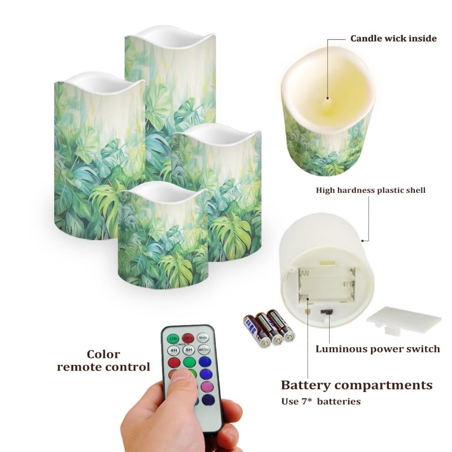 Ystardream Tropical Leaf Flameless Candles with Remote Battery Operated Candles Realistic LED Candles with Remote and Timer Set of 4 for Home Wedding Birthday Decorations