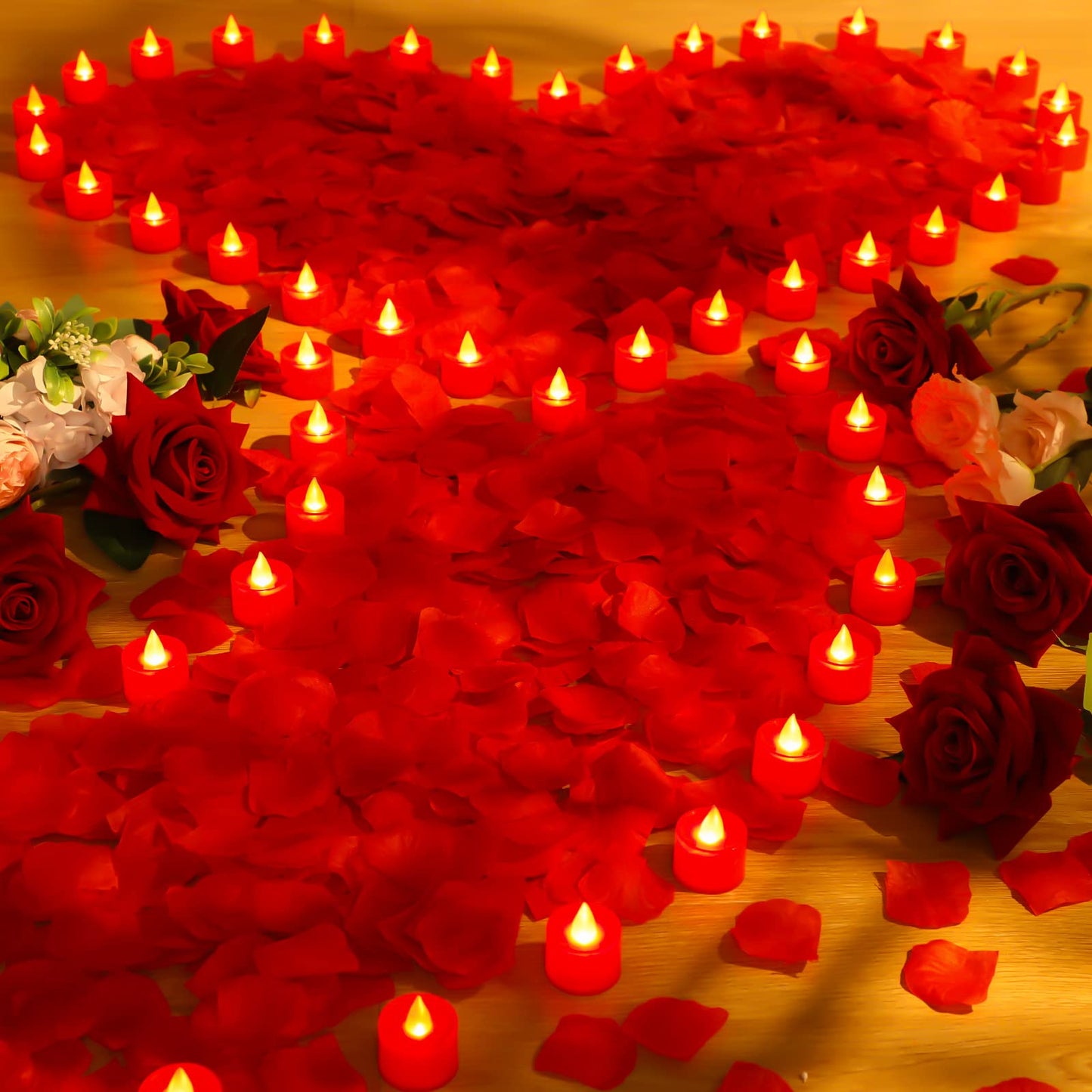 Coume 6000 Pcs Artificial Rose Petals with 72 Pcs Flameless LED Candles Romantic Decorations Fake Candles Anniversary Decorations for Valentine's Day Wedding Night(Red)