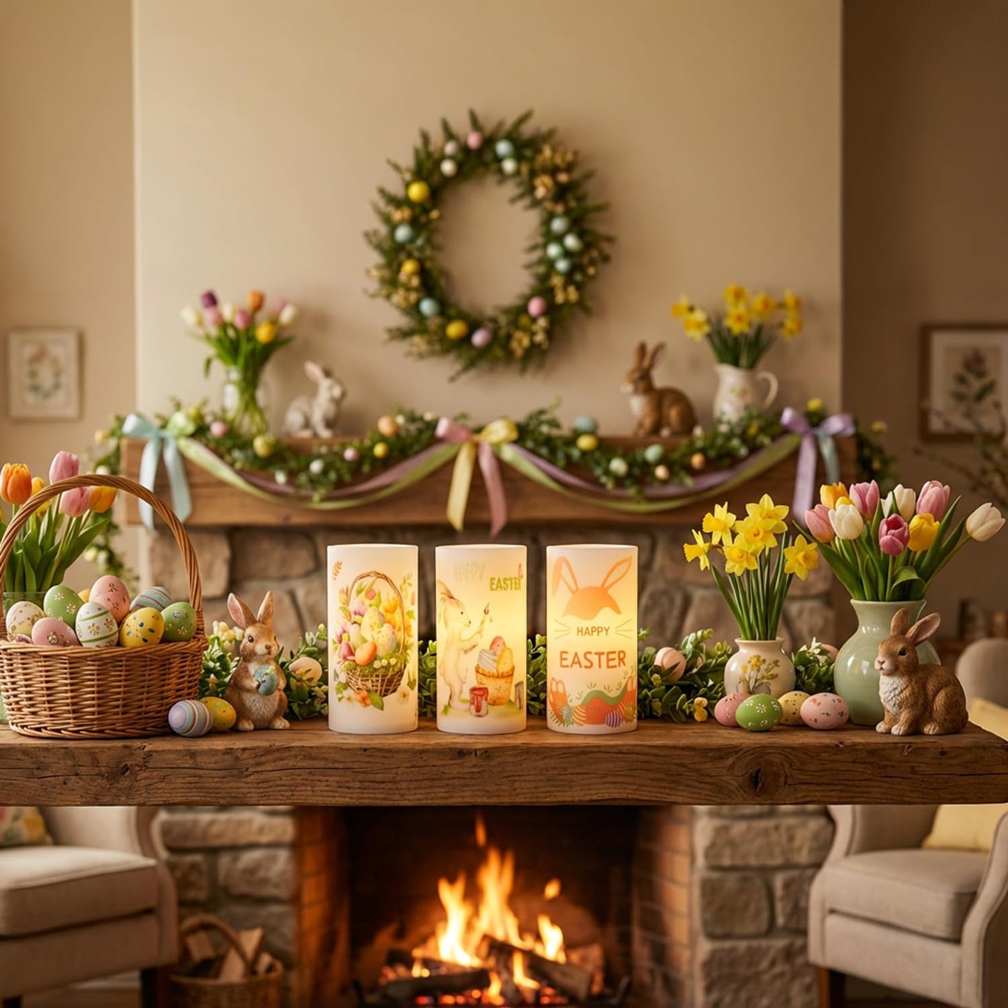 Aulaygo 3PCS Easter Flameless Candles with Remote Control,Happy Easter Bunny Flower Rabbit Spring LED Candle Battery Operated for Easter Theme Party Home Decor,Mother's Day Decor