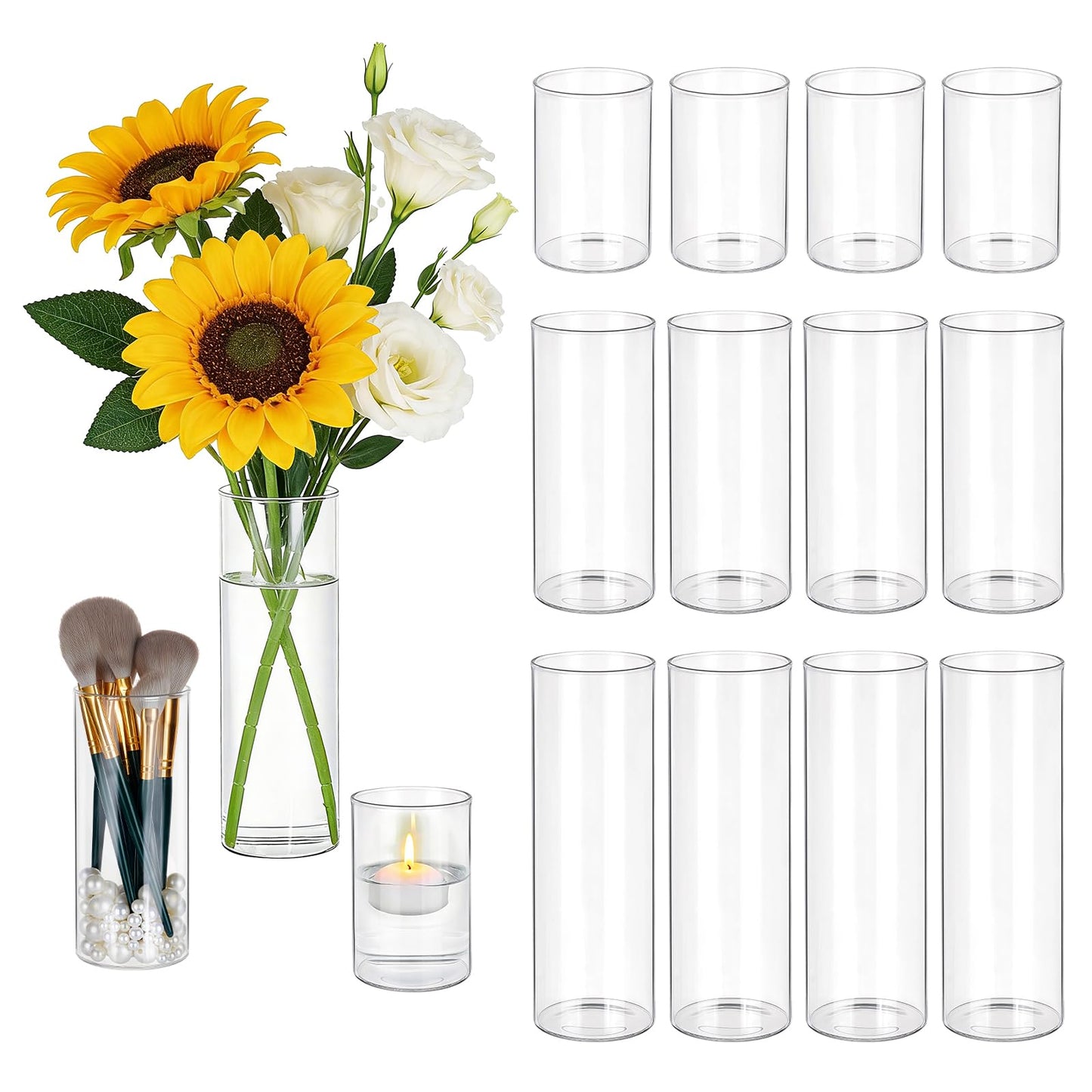 GLASSWINDS 12Pcs Glass Cylinder Vases 4,6,7.8Inch Tall Clear Flower Vases for Centerpieces Floating Candle Vase Bulk, Hurricane Candle Holder for Table Wedding Office Party Formal Dinners