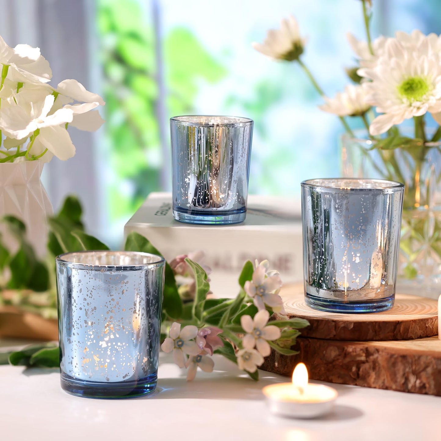 Volens Blue Votive Candle Holders Bulk, Mercury Glass Tealight Candle Holder Set of 12 for Wedding Centerpiece Table Decorations, Bridal Shower and Home Decor