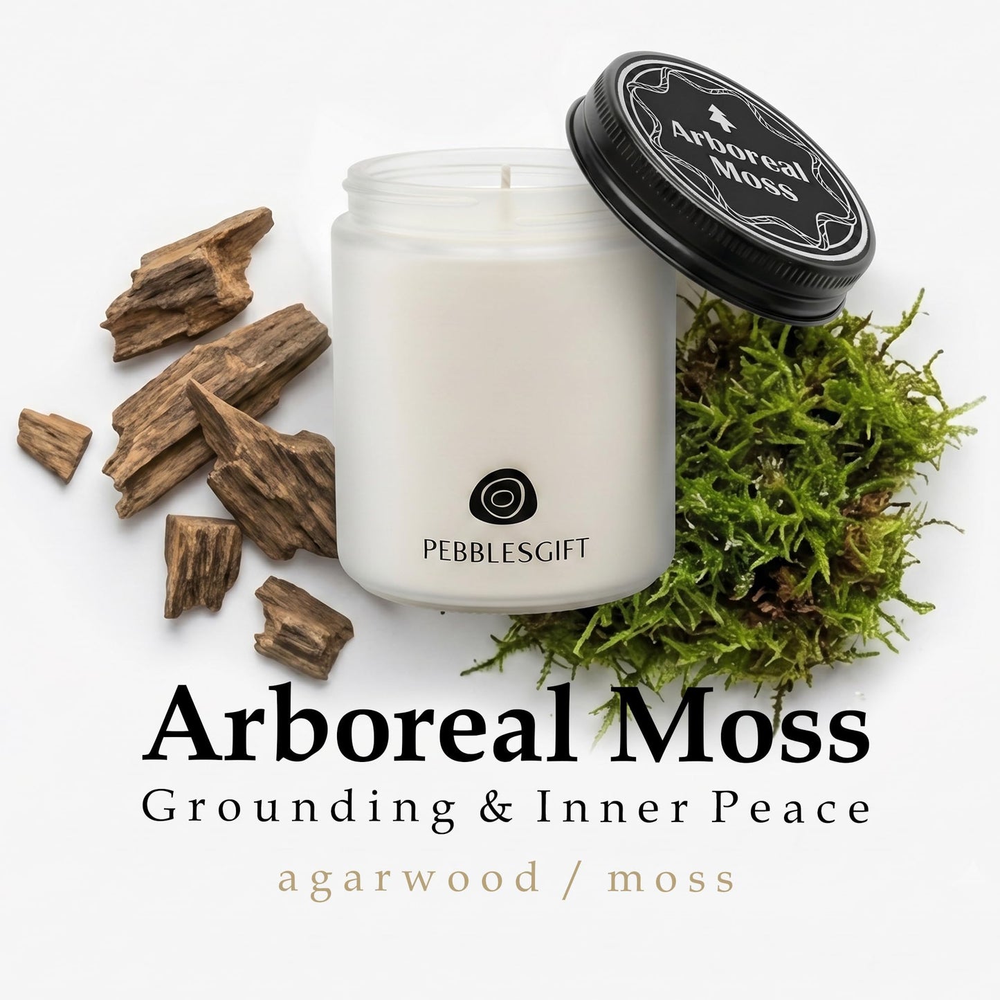 PebblesGift Wood Scented Arboreal Moss Candle 9oz Soy Wax Frosted Glass Jar for Home Decor - Scent Hunter Project Aroma Discovery Card Included - Ideal Gift for Self-Care & Relaxation