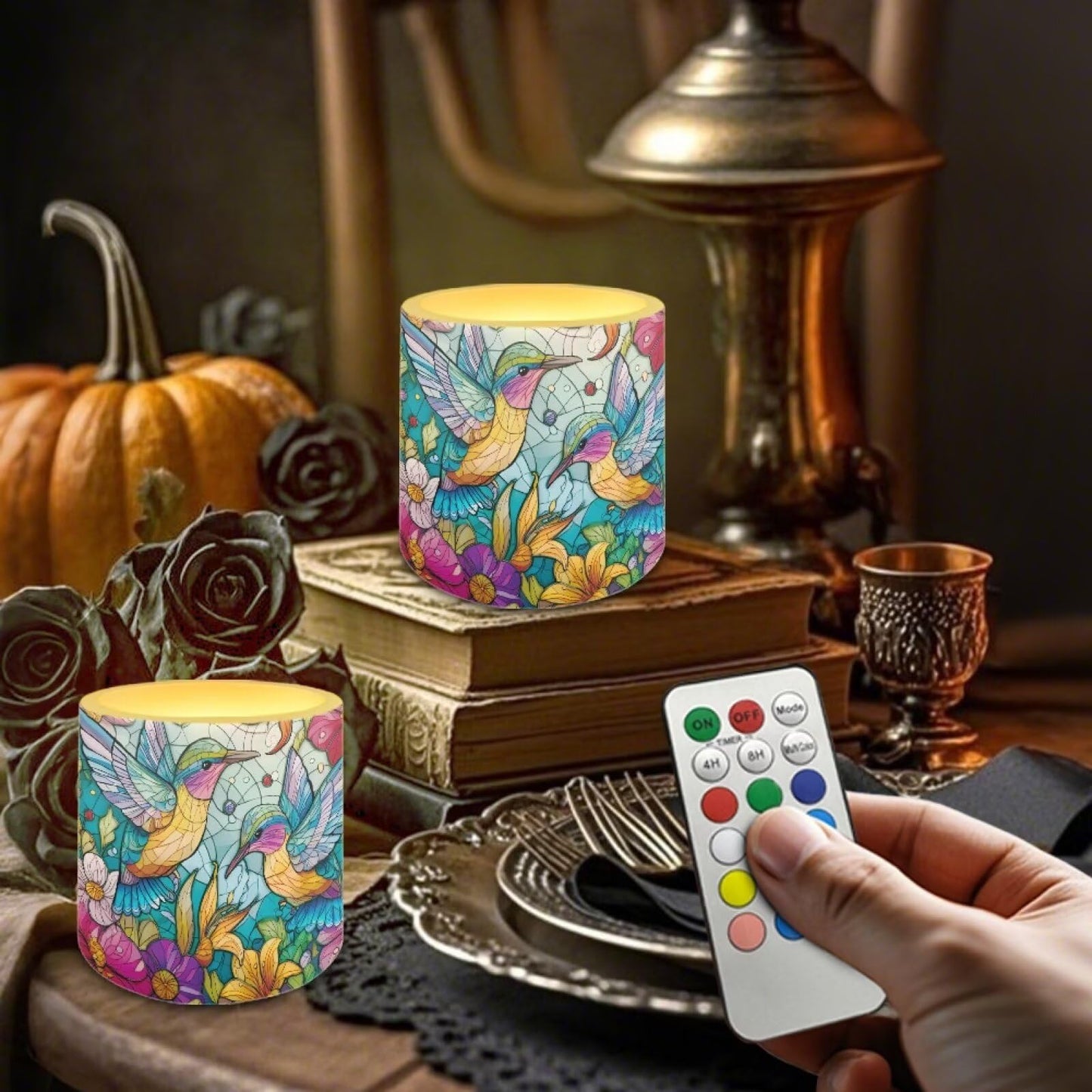 Cozeyat Colorful Bird LED Candles Set of 4 Battery Powered Flameless with Remote Timer Flickering Flame Waterproof for Home Beach Garden Use