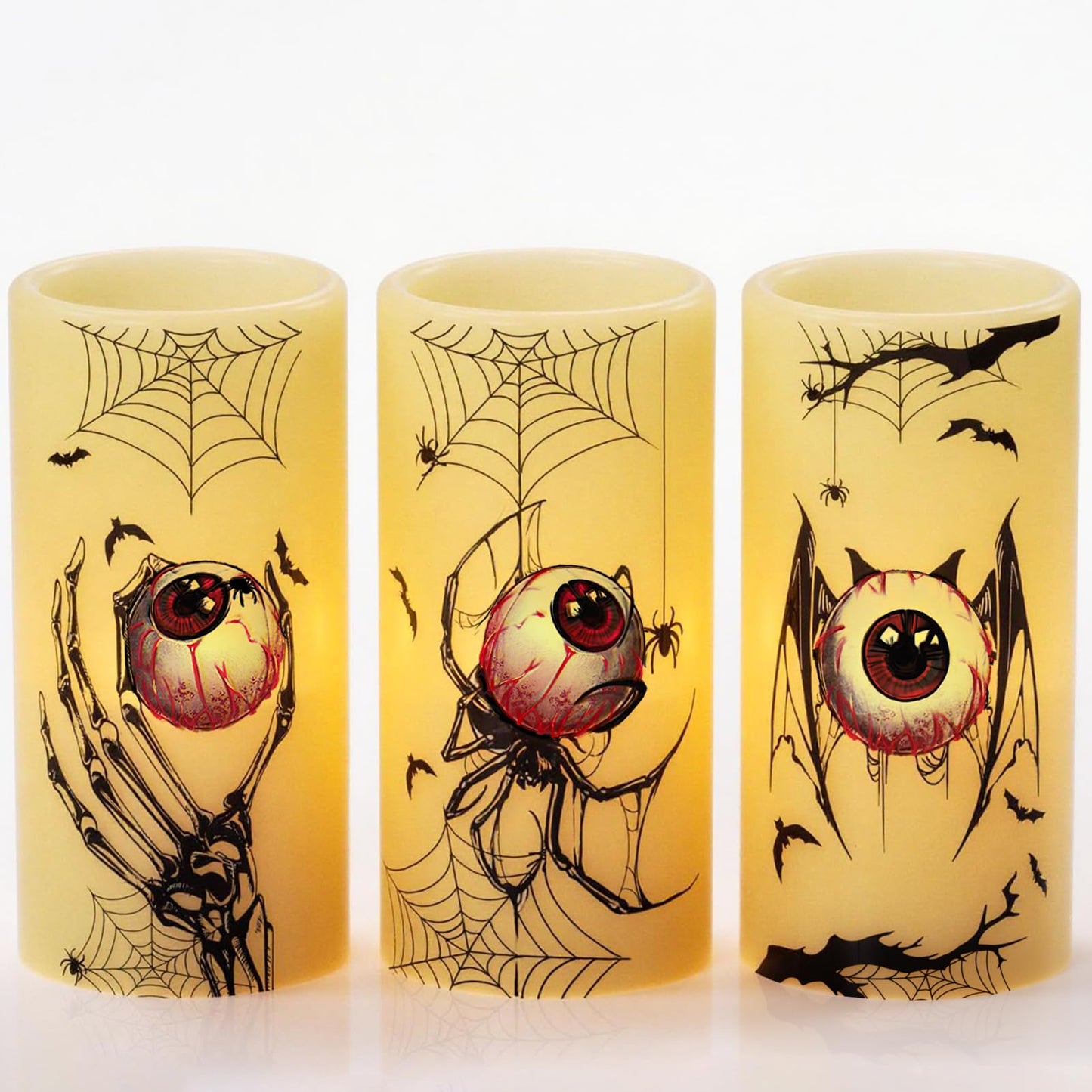 Eldnacele Halloween Flameless Flickering Candles with Timer, Battery Operated Spider Eyeballs, Bat Eyeballs, Skeleton Hand Eyeballs Decals Real Wax LED Pillar Candles Horror Spooky Decor(3pcs,D3×H6)