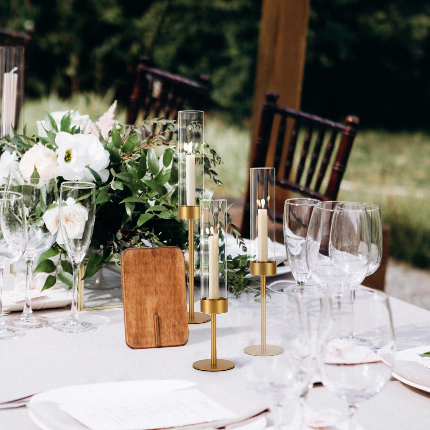 Glass Hurricane Candle Holders Set of 3-Gold Metal Base Taper Candle Stick Holders for CandlesticksHolder Decor, Elegant Dining Table Centerpiece for Wedding, Christmas & Home Decor
