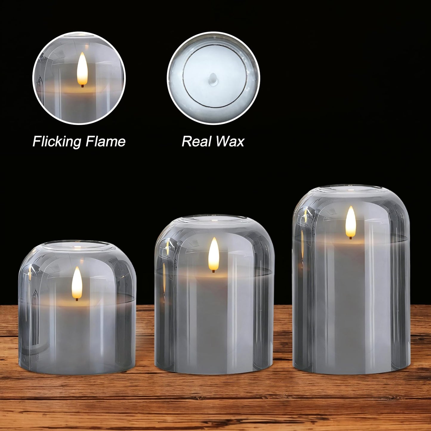 Homemory Glass Flameless Candles, Battery Operated Plliar Candles Realistic Flickering, LED Electric Light with Remote and Timer for Home, Christmas Decoration, Gray, Set of 3
