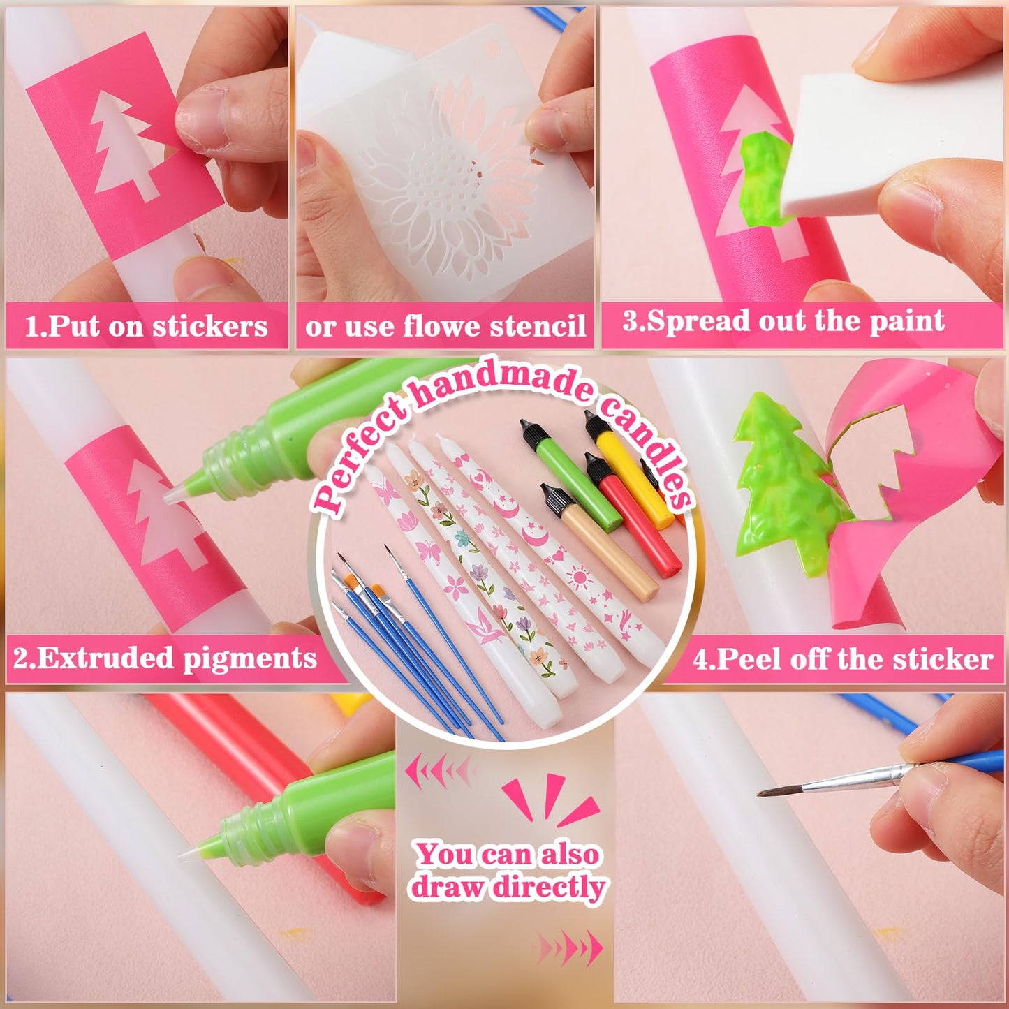 Treela 60 Pcs DIY Candle Painting Kit Include 6 White 6 White Tapered & 6 Pillar Candles 12 Candle Wax Pen 24 Floral Painting Stencils 6 Paint Brushes 6 Sponge Blocks for Craft Birthday Wedding Party
