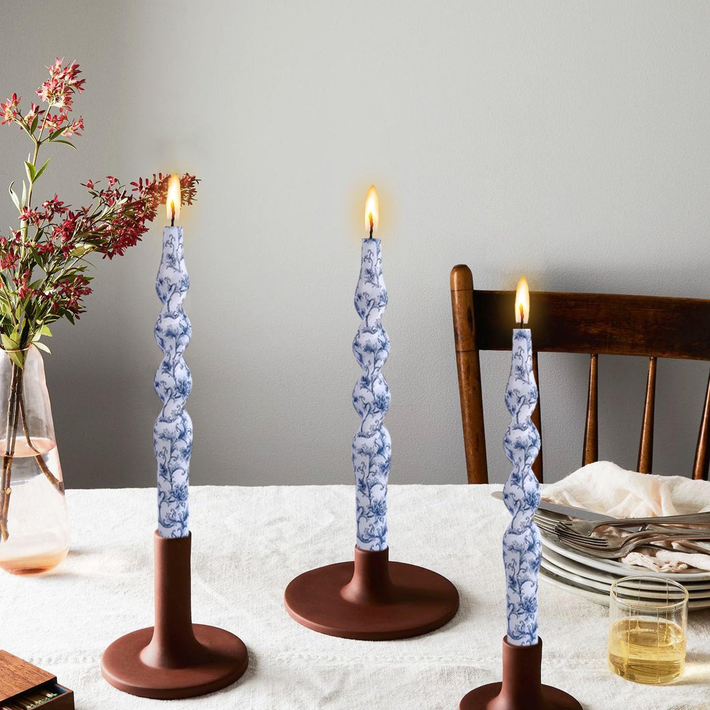 NJAO HOO Floral Taper Candles 10 in Spiral Candlesticks Hand Printed Blue Flower Candlestick Twisted Taper Candle for Home Garden Decor, 2Pcs