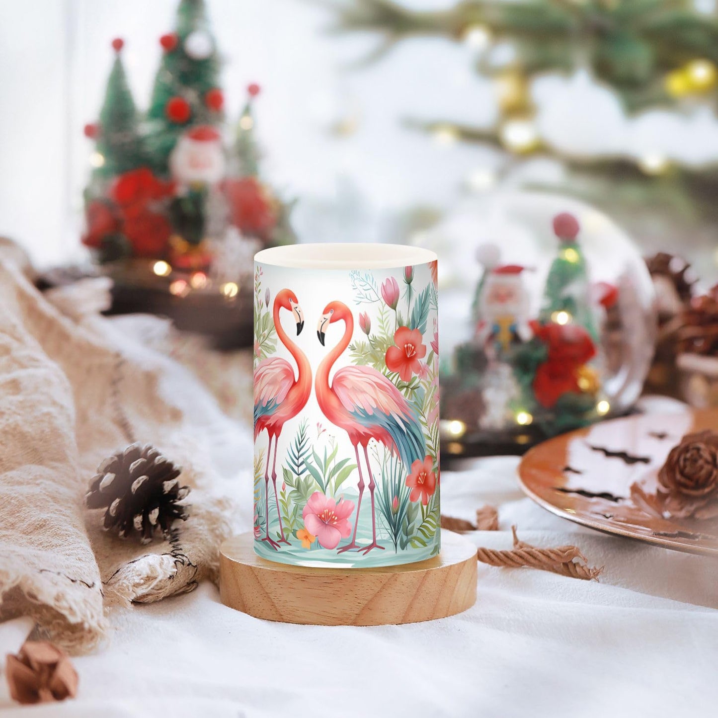BOENLE Flickering Flameless Candles, Pink Flamingo Print LED Candles with Remote Timer, Set of 2 Battery Operated Candle for Valentine Wedding Birthday