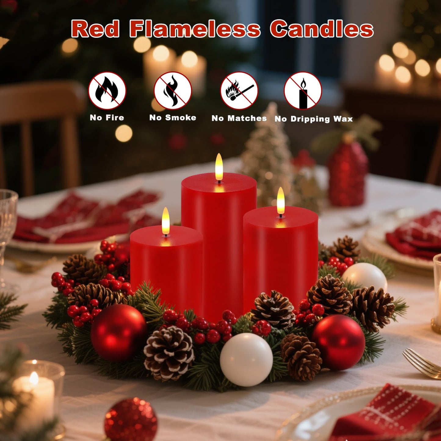 Red Flameless Candles, Set of 3 Flickering LED Candles with Remote & Timer, Dimmable Real Wax Electric Pillar Candles Battery Operated, Christmas Flameless Candles Light for Home Xmas Decor (Red)