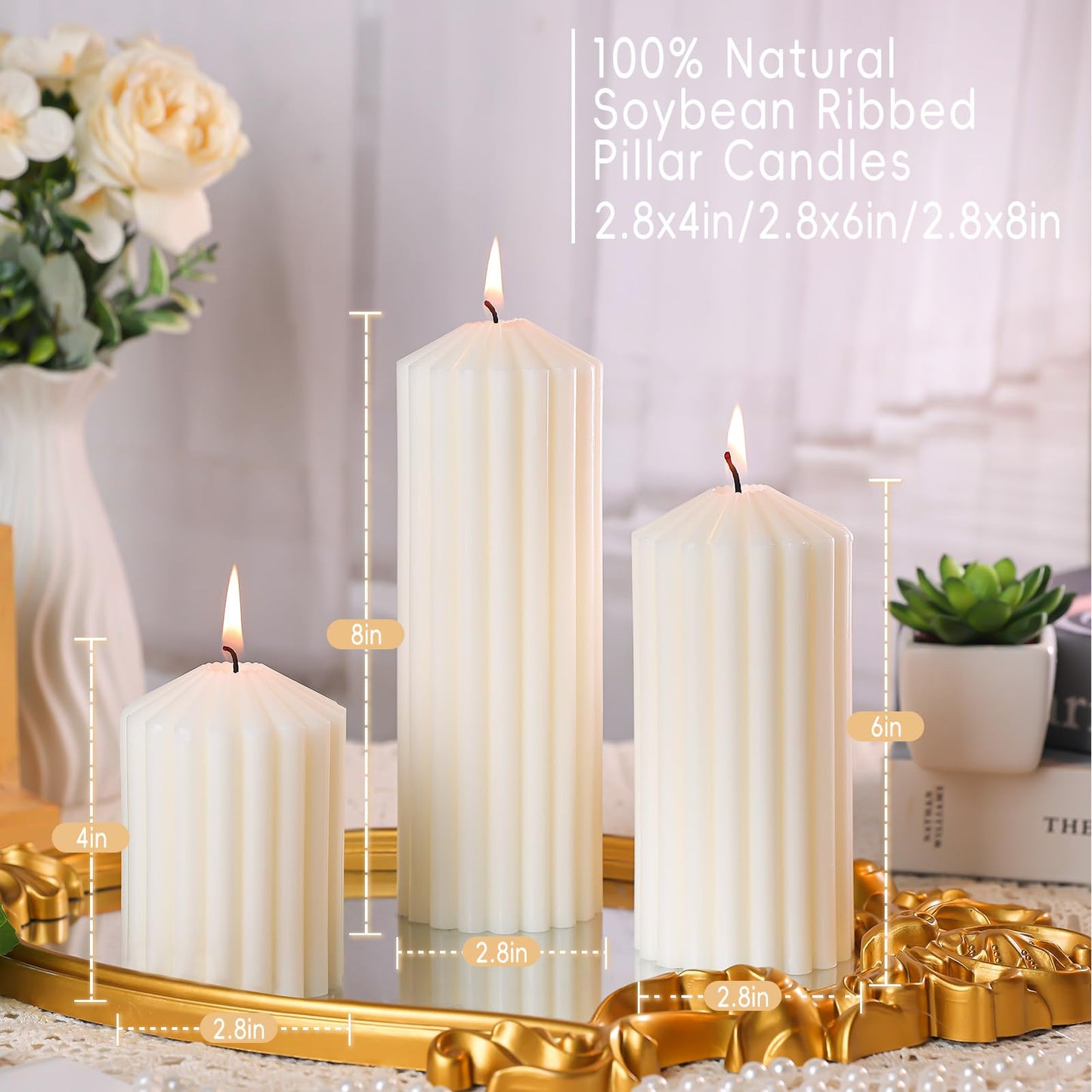 3 Pcs White Ribbed Pillar Candles-Vanilla Cake Scented,Natural Soy Wax,Non Toxic,Smokeless-2.8" x4,6,8in Modern Aesthetic Aromatherapy Candles for Home,Dinner Table,Living Room,Housewarming Gift
