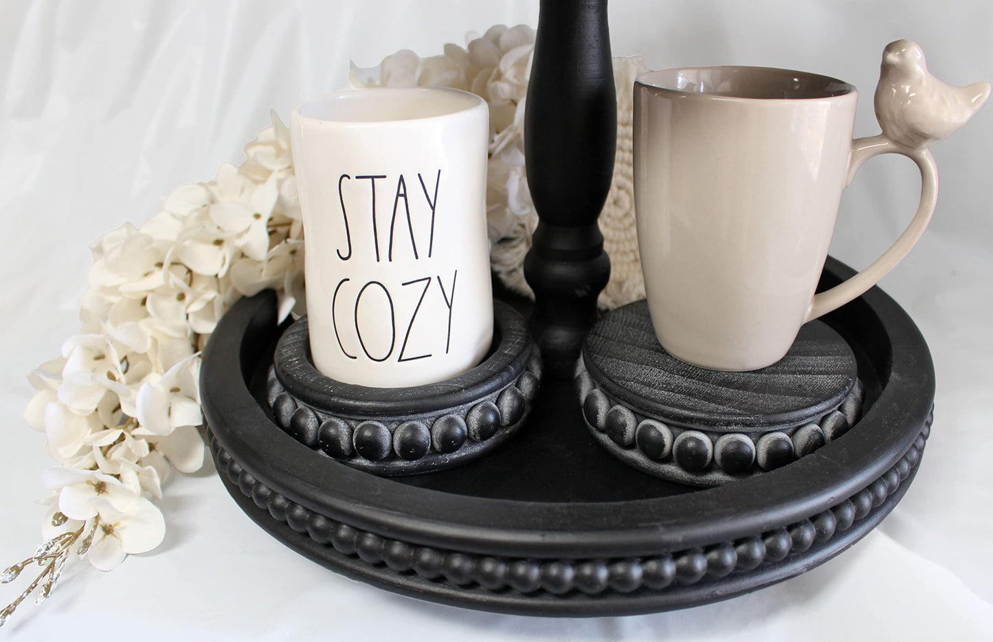 Felt Creative Home Goods Set of 2 Round Rustic Wood Beaded Risers - Sturdy 2-Sided Stackable Decor Pedestal Stands for Tiered Tray, Candle, Mug Display (Rustic Black, 5 inch)