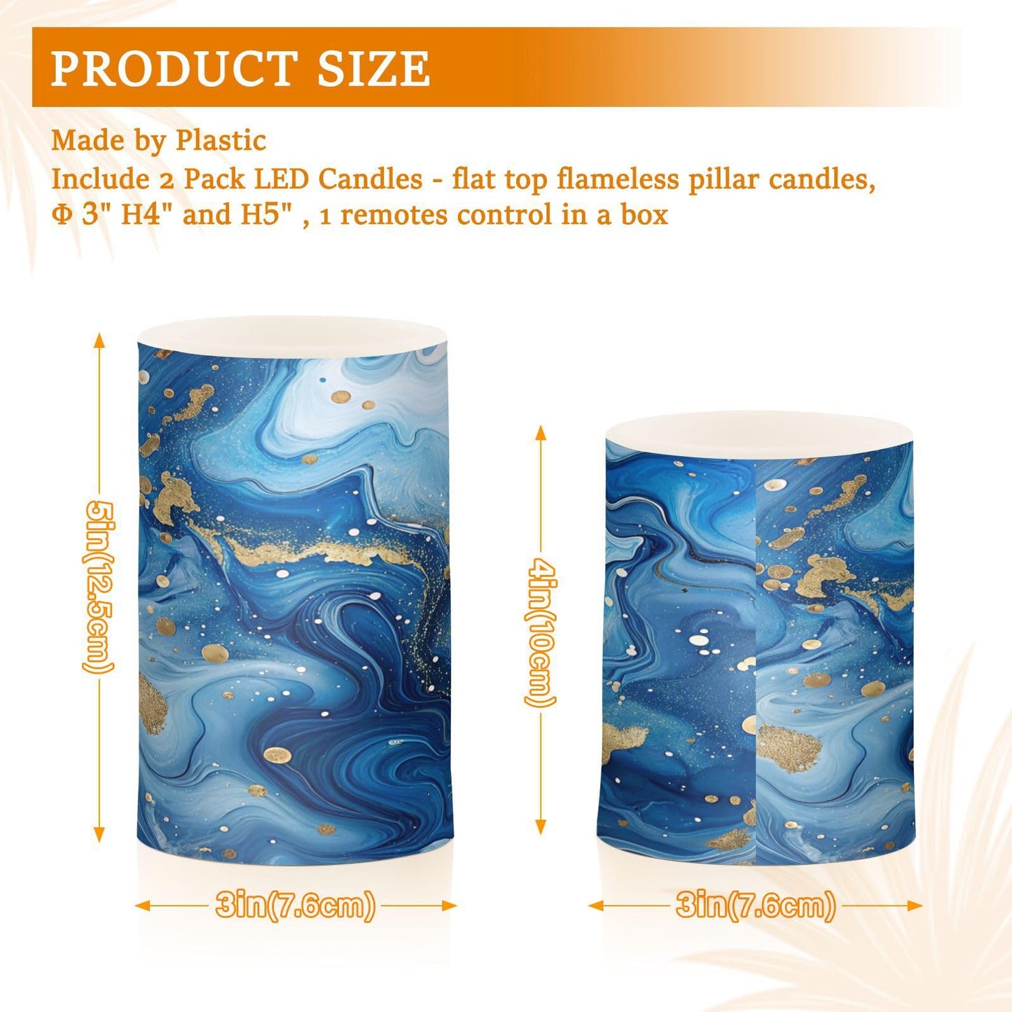 Gravopti Blue Gold Marble Flameless LED Pillar Candles Set, Battery Operated with Remote Timer, 3" x 5" & 3" x 4" Indoor Outdoor Decor (2 Pack)