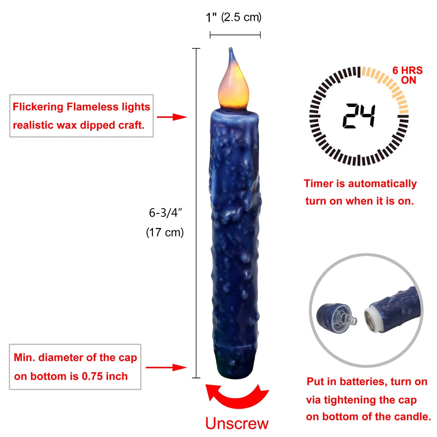 CVHOMEDECO. Real Wax Hand Dipped Battery Operated LED Timer Taper Candles Rustic Primitive Flameless Lights Decor, 6-3/4 Inch, Navy Blue, 2 PCS in a Package