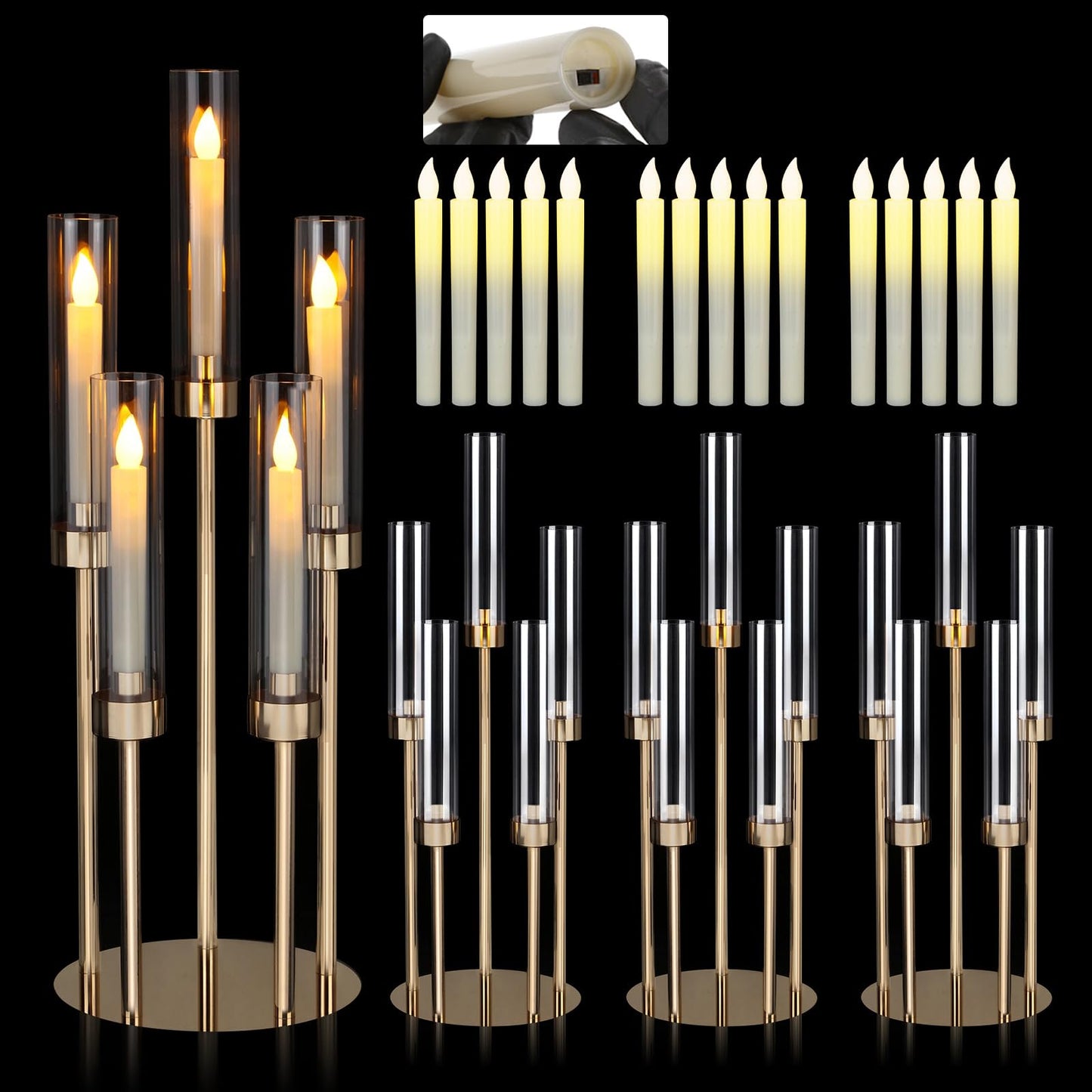 Dyna-Living Gold Candelabra Centerpiece 4 Set 26.8'' Tall Candle Holder Centerpiece for Tables, 5 Arms Candlestick Holders with Acrylic Lampshade, Gold Candelabra Floor Stands for Wedding Party Home