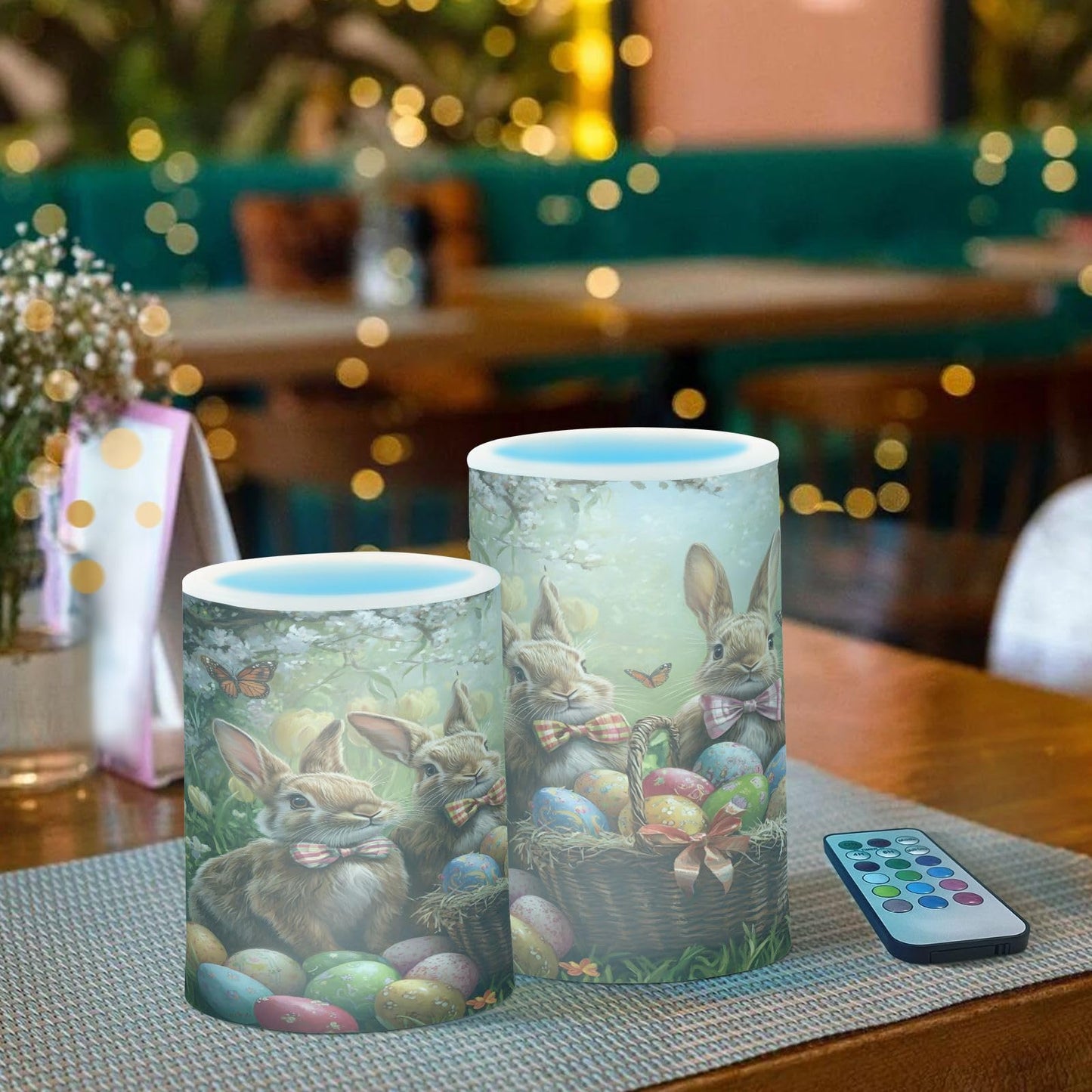 ALAZA Rabbit Easter Bunny Egg Flameless Candles Flickering LED Candles with Remote Timer Battery Operated Pillar Candles Set of 2 for Dinner Holiday Decor